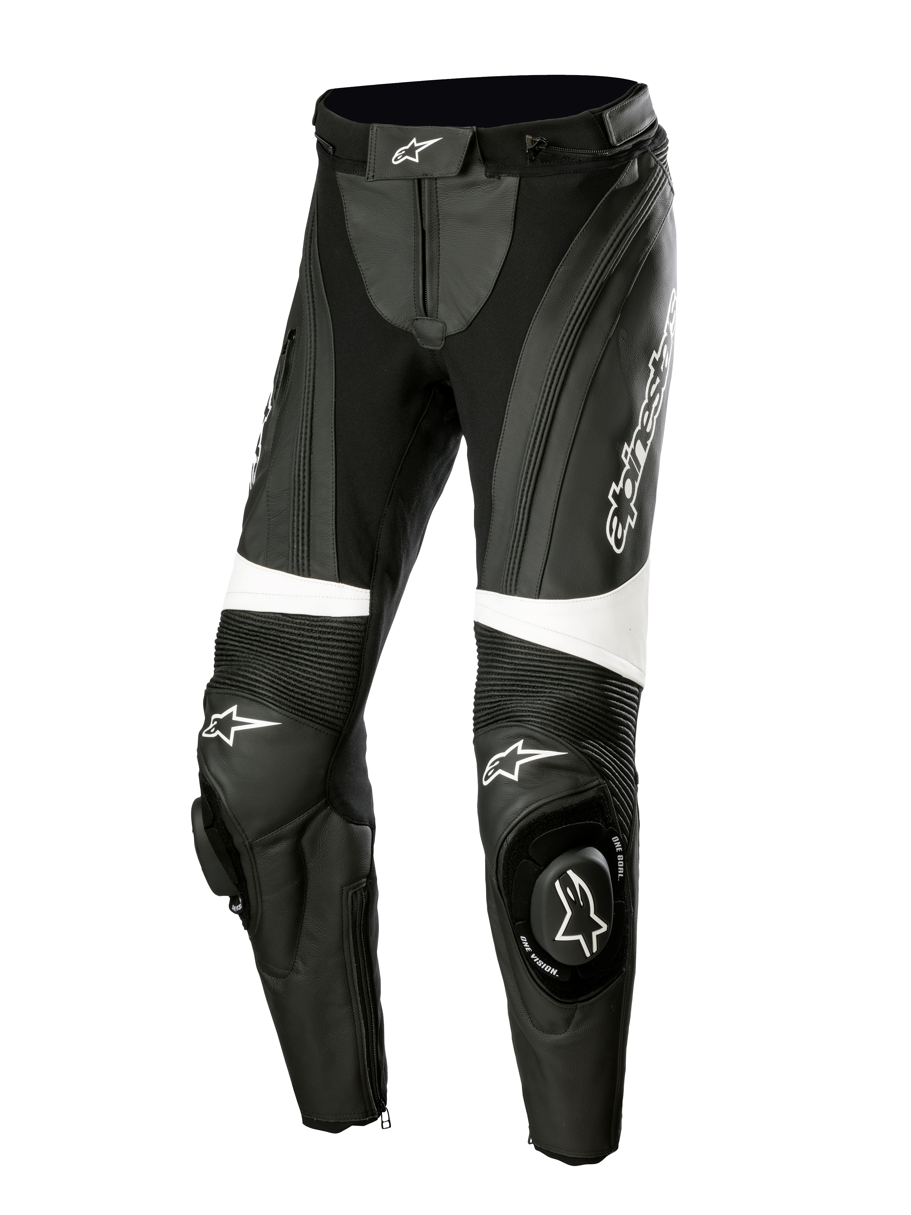 Alpinestars Stella Missile V3 læderbukser, motorcykel-racingbukser til damer, sort og hvid, med harmonika-strækpaneler over knæene, integrerede knæ-sliders med Alpinestars-logo, hvide accentbånd og en strømlinet pasform til sports- og banekørsel.