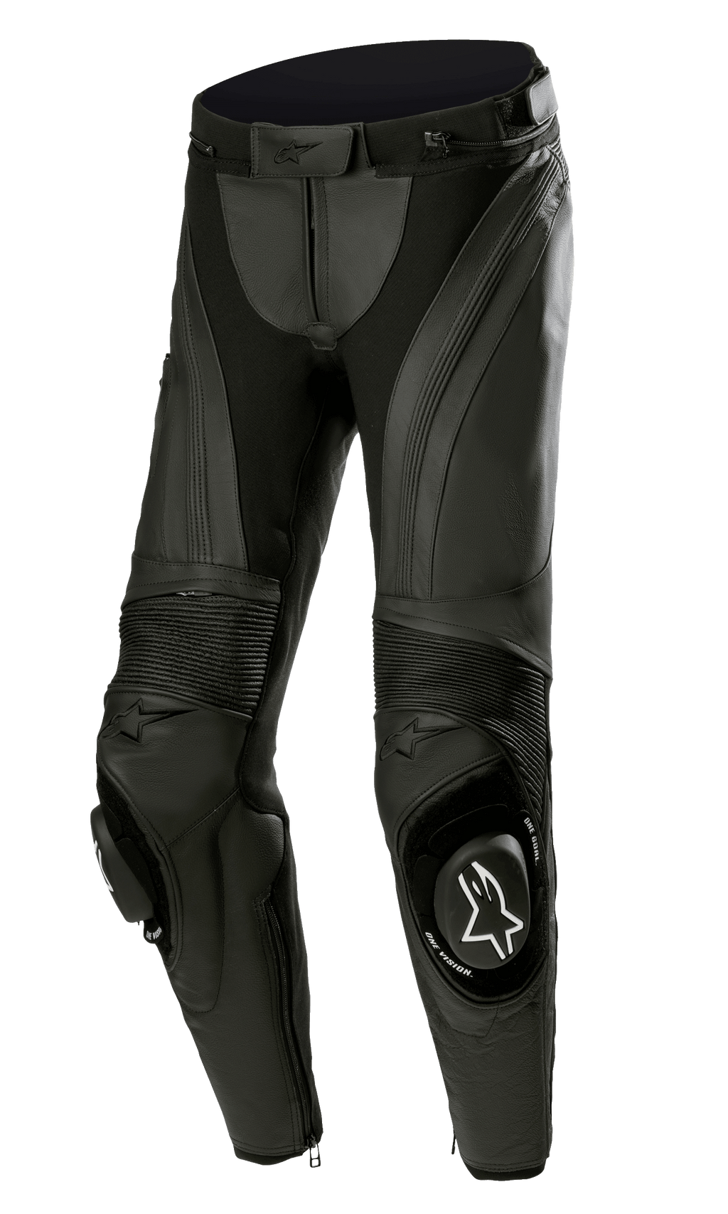 Alpinestars Stella Missile V3 læderbukser, motorcykelracingbukser til damer, sort, med førsteklasses læder og akkordeon-strækpaneler, udskiftelige knæskridere med hvidt Alpinestars-logo og ergonomisk forbøjet design