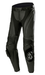 Alpinestars Stella Missile V3 læderbukser, motorcykelracingbukser til damer, sort, med førsteklasses læder og akkordeon-strækpaneler, udskiftelige knæskridere med hvidt Alpinestars-logo og ergonomisk forbøjet design
