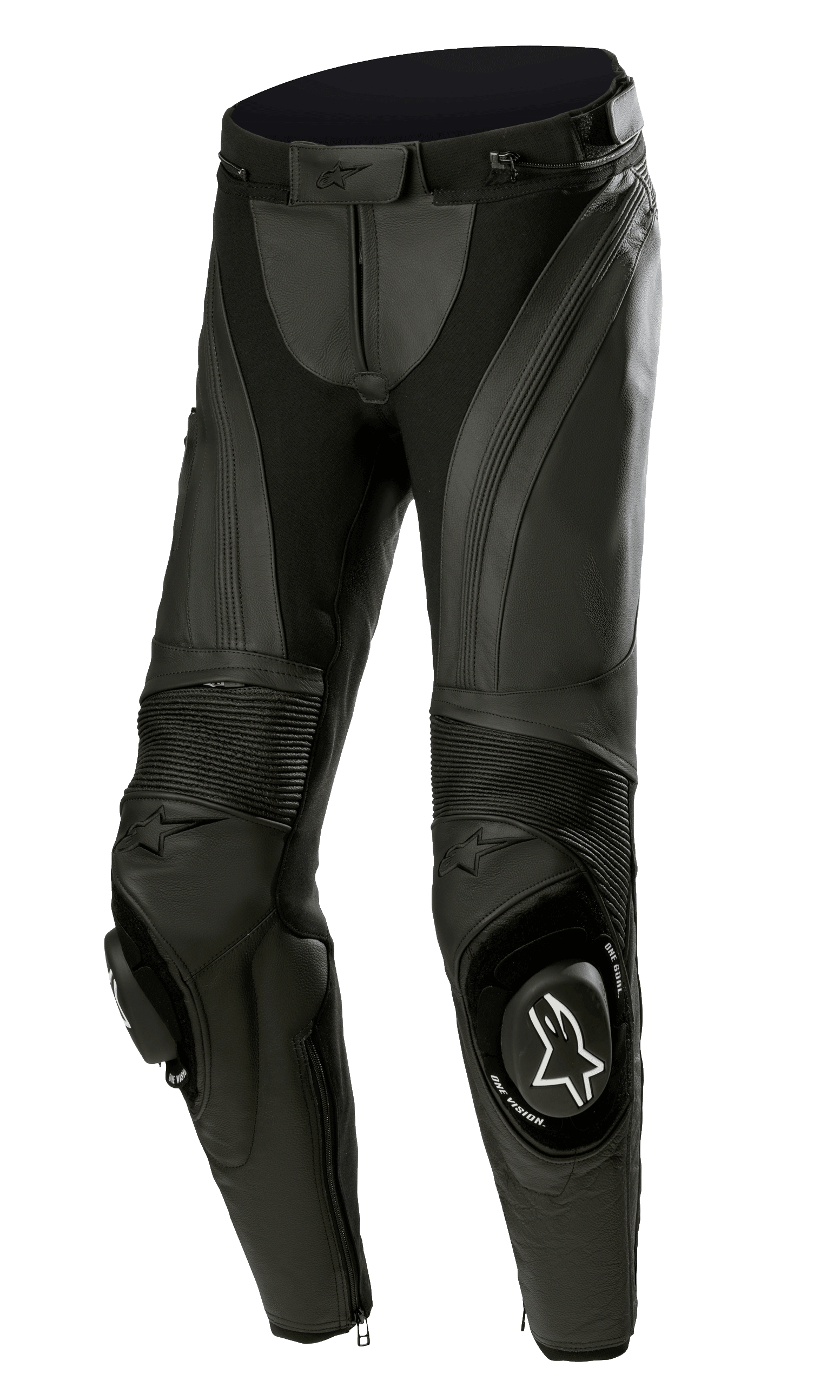 Alpinestars Stella Missile V3 læderbukser, motorcykelracingbukser til damer, sort, med førsteklasses læder og akkordeon-strækpaneler, udskiftelige knæskridere med hvidt Alpinestars-logo og ergonomisk forbøjet design