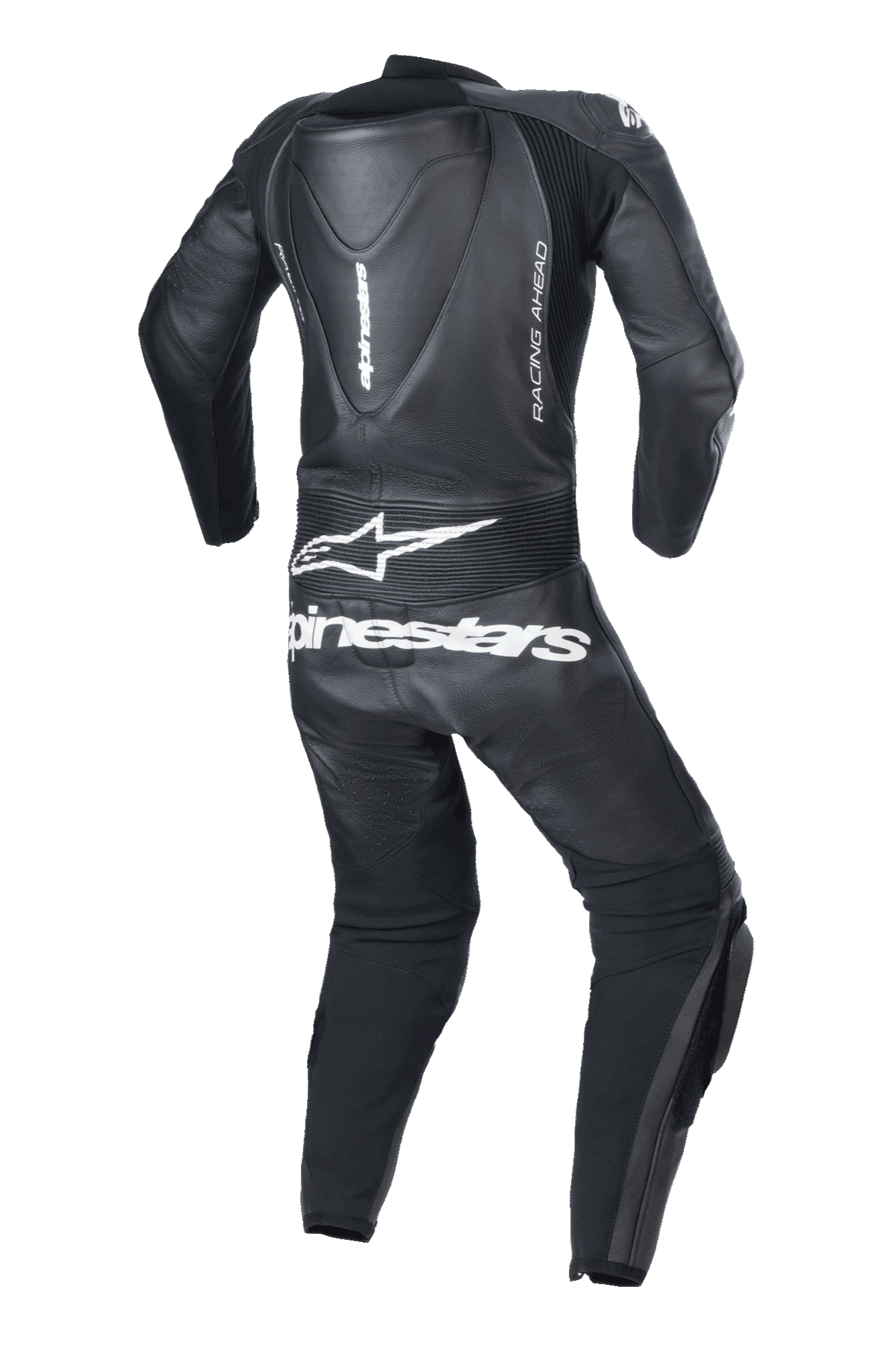 Alpinestars Youth GP Plus V2 1-Piece læderdragt, sort, set bagfra med aerodynamisk pukkel, hvidt Alpinestars-logo og tekst på lænden, 'RACING AHEAD' branding på siden og harmonika-strækpaneler for bevægelighed
