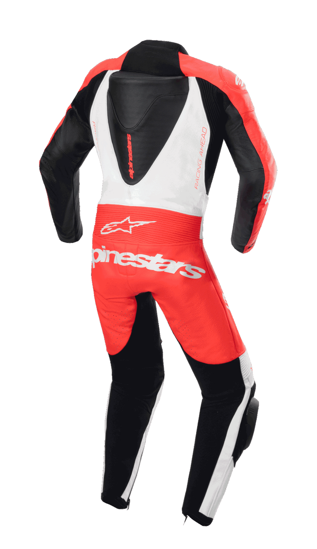 Alpinestars Ungdom GP Plus V2 1-delt læderdragt, set bagfra, rød fluo, hvid og sort, med aerodynamisk rygpukkel og Alpinestars-branding, professionelt racerdesign til unge kørere.