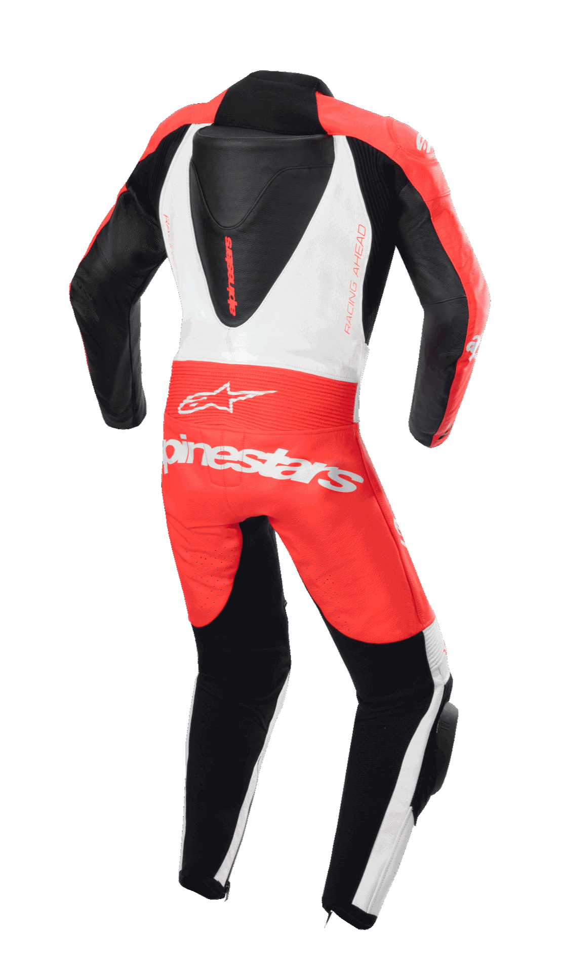 Alpinestars Ungdom GP Plus V2 1-delt læderdragt, set bagfra, rød fluo, hvid og sort, med aerodynamisk rygpukkel og Alpinestars-branding, professionelt racerdesign til unge kørere.