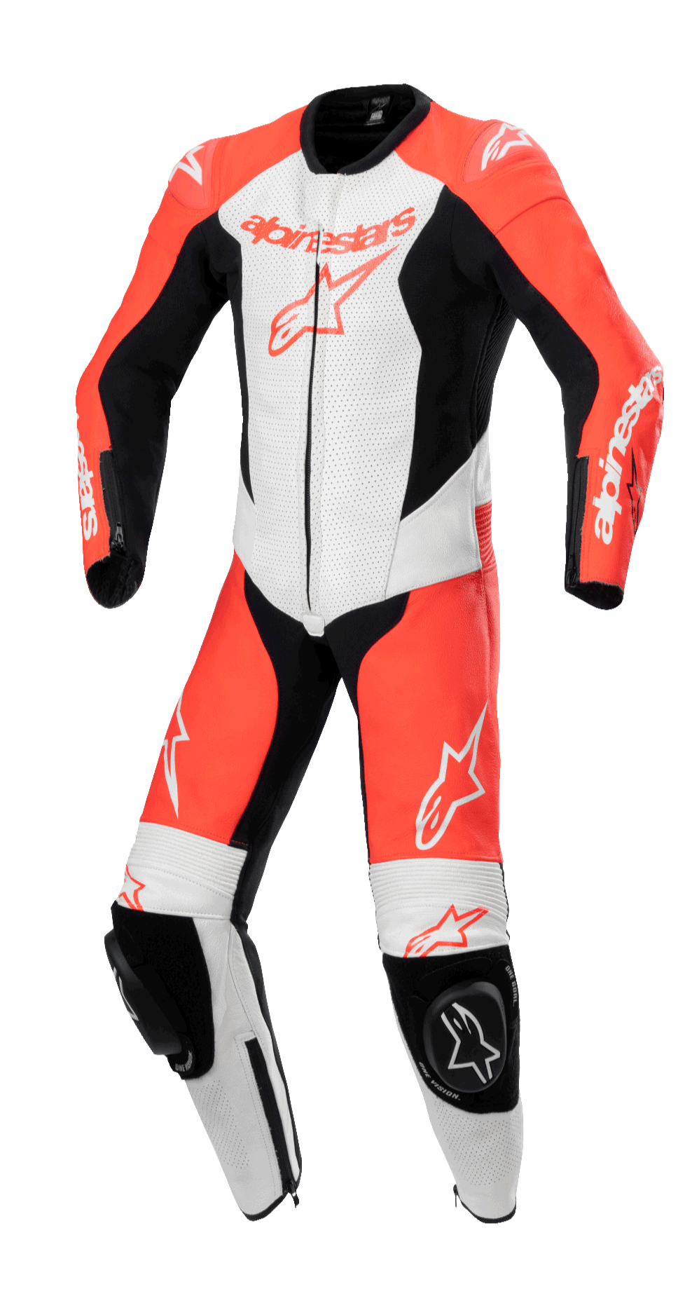 Alpinestars Youth GP Plus V2 1-delt læderdragt, motorcykelracerdragt, rød fluo, hvid og sort, med perforerede ventilationspaneler, sorte knæ-sliders med Astar-logo og aerodynamisk racingpasform til unge ryttere