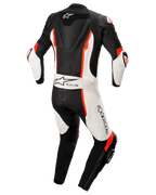 Alpinestars Missile V2 1-Piece Leather Suit, Black White and Red Fluo, rear view featuring aerodynamic back hump, Tech-Air Ready branding, and Alpinestars logo, premium leather motorcycle racing suit