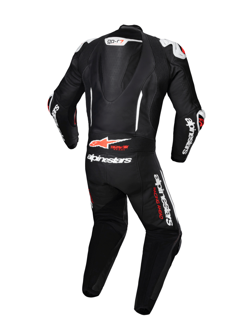 Alpinestars GP-R7 læderdragt 1-stk, sort og hvid motorcykelracerdragt set bagfra, aerodynamisk pukkel, Tech-Air® ready.