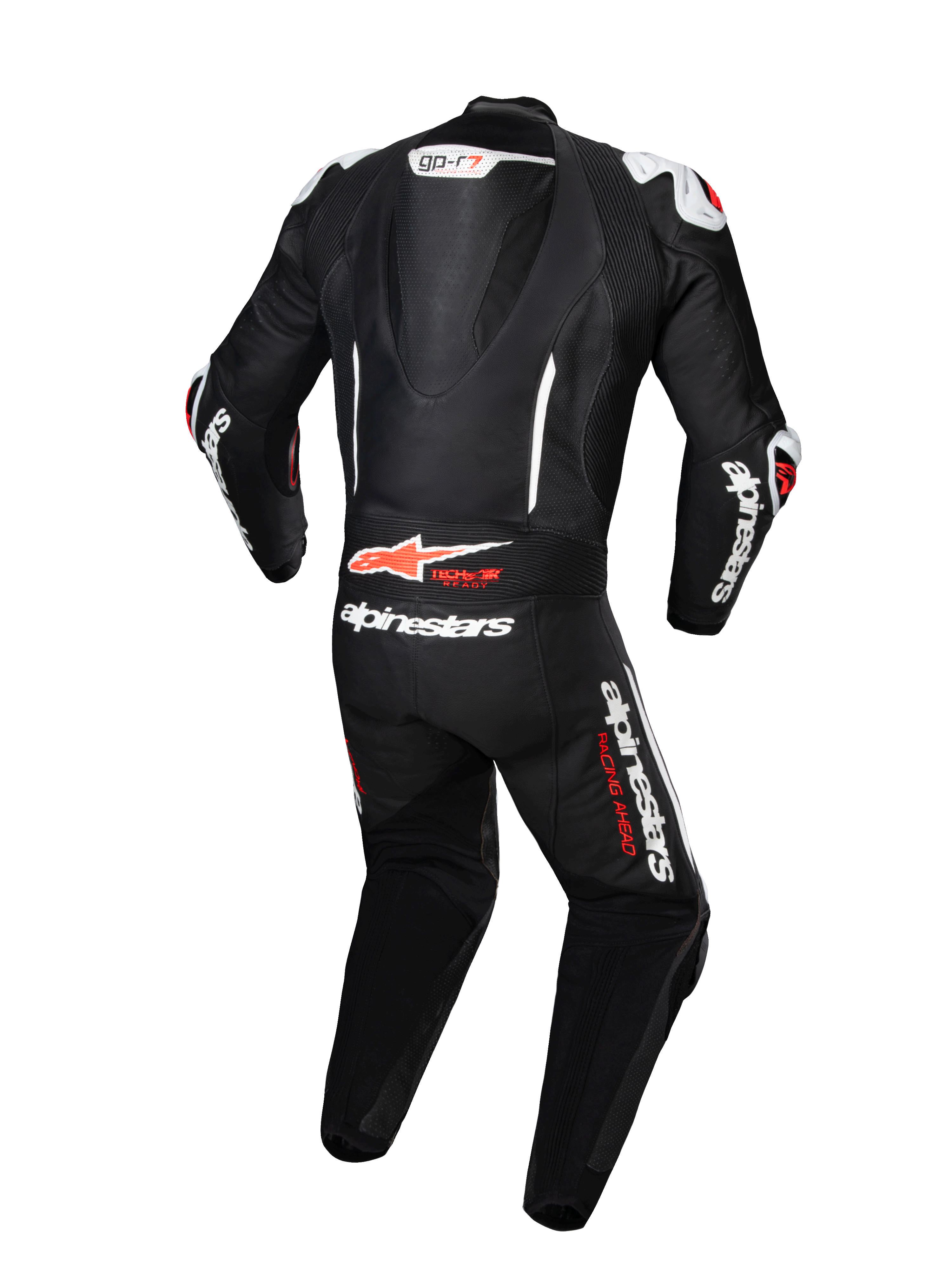 Alpinestars GP-R7 læderdragt 1-stk, sort og hvid motorcykelracerdragt set bagfra, aerodynamisk pukkel, Tech-Air® ready.