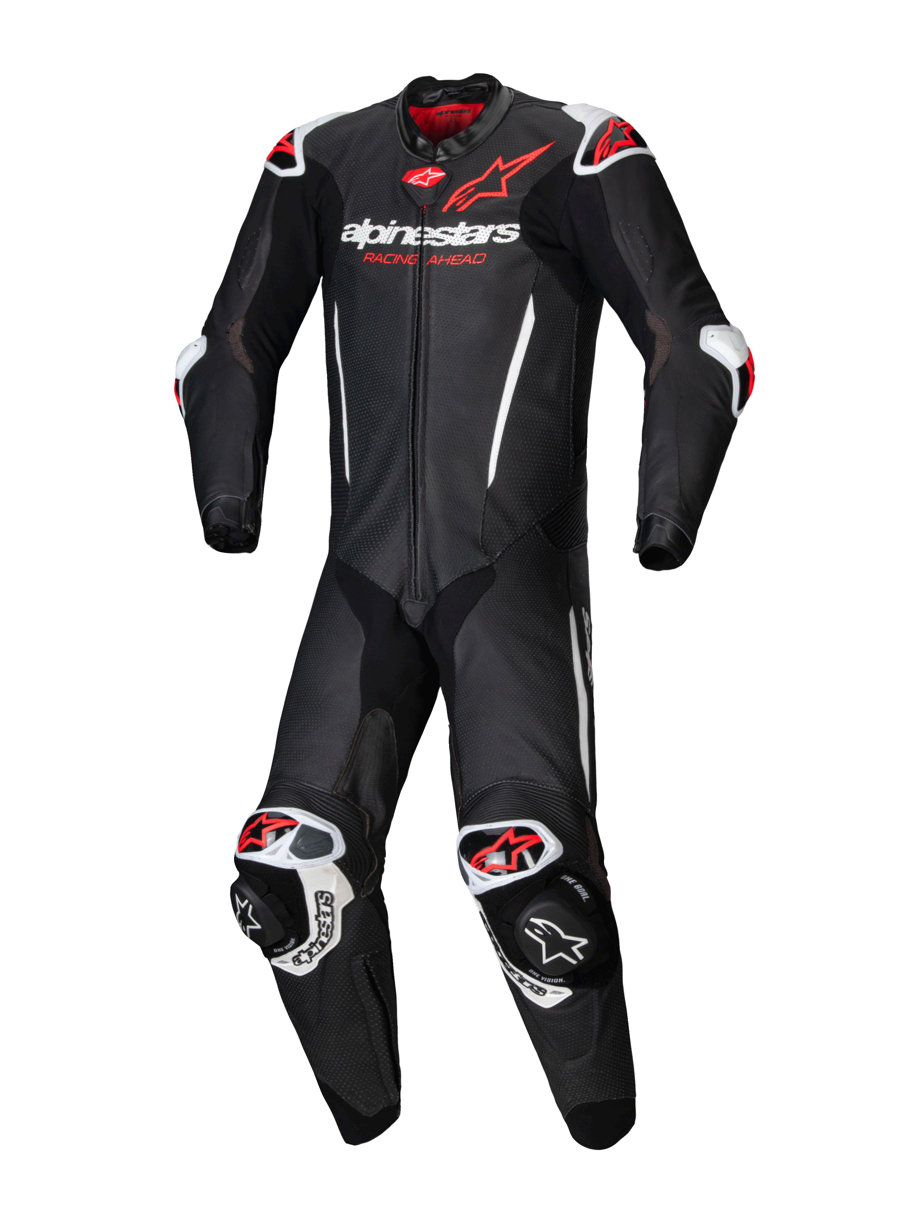 Alpinestars GP-R7 Leather Suit - 1 Piece, men's black and red fluo racing gear, 1.3mm bovine leather, Tech-Air ready.