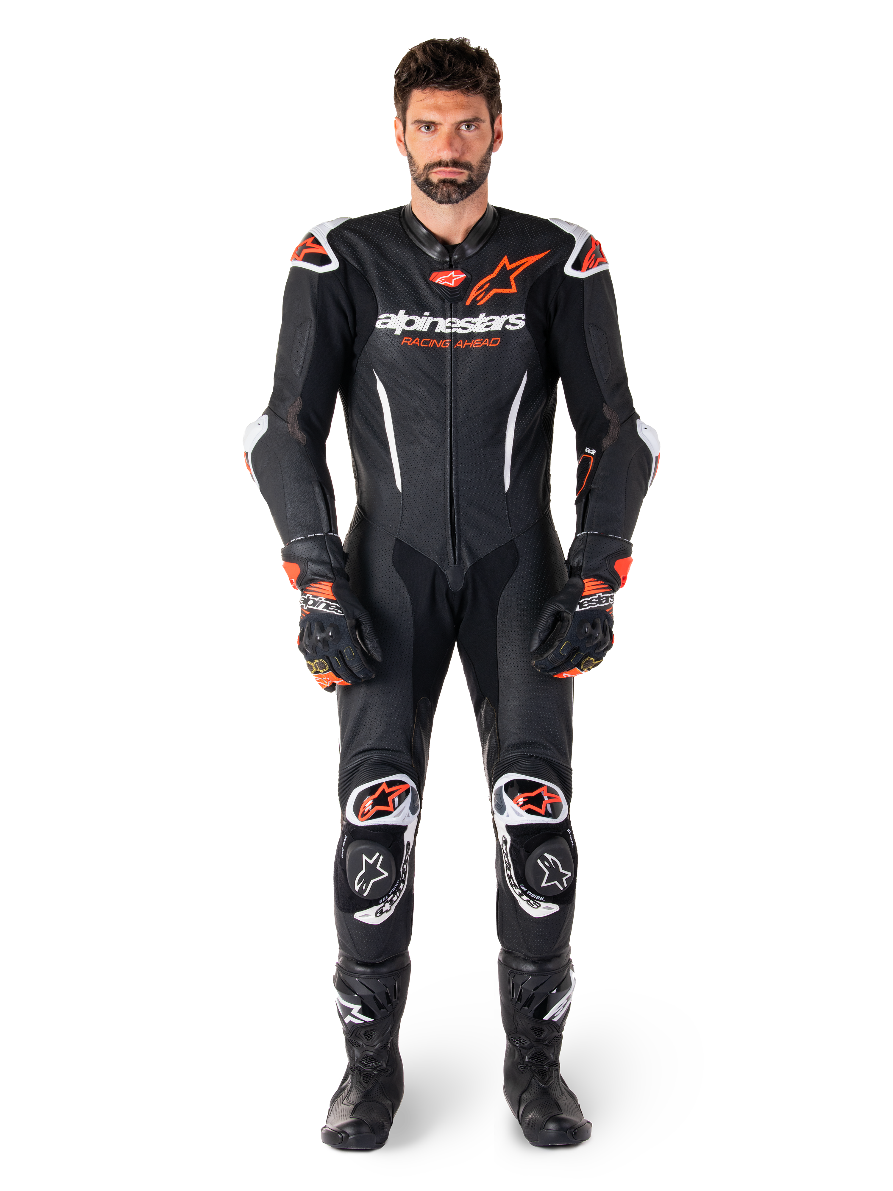 Alpinestars GP-R7 1-stk læderdragt til mænd, sort og rød fluo motorcykelracerdragt i læder, set forfra.