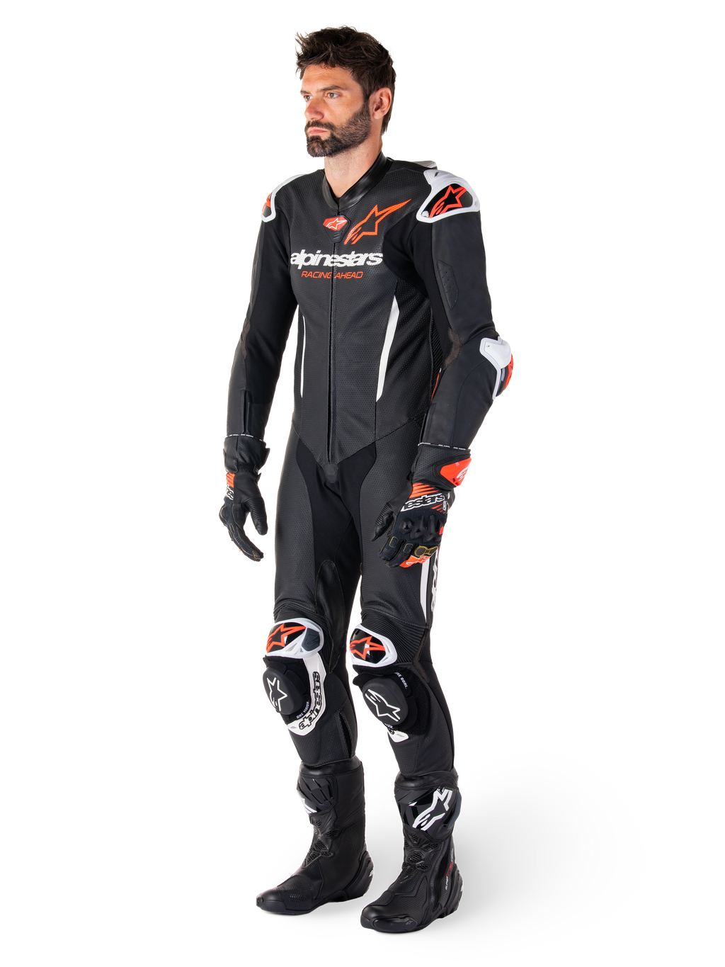 Alpinestars GP-R7 Læderdragt 1-Stk, sort og rød fluo motorcykelracerudstyr til mænd med perforeret konstruktion.