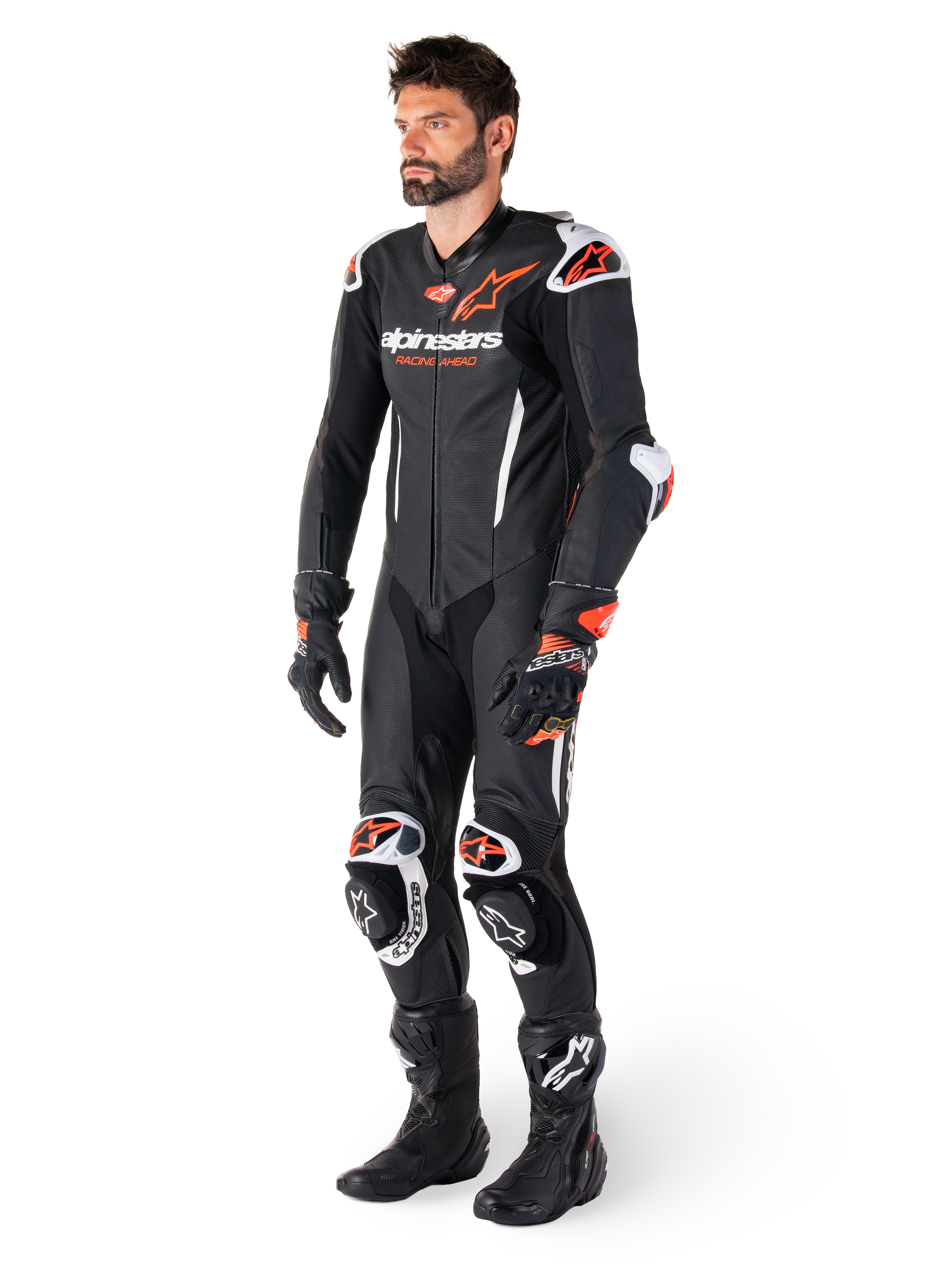 Alpinestars GP-R7 Læderdragt 1-Stk, sort og rød fluo motorcykelracerudstyr til mænd med perforeret konstruktion.