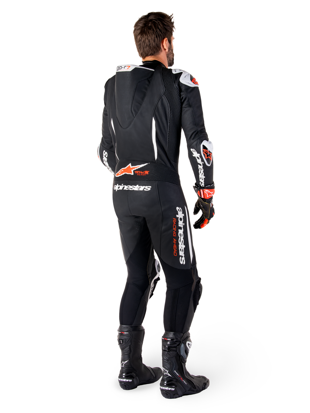 Alpinestars GP-R7 1-stk læderdragt, herreracerdragt i sort og rød fluo med aerodynamisk pukkel og Tech-Air Ready-logo.