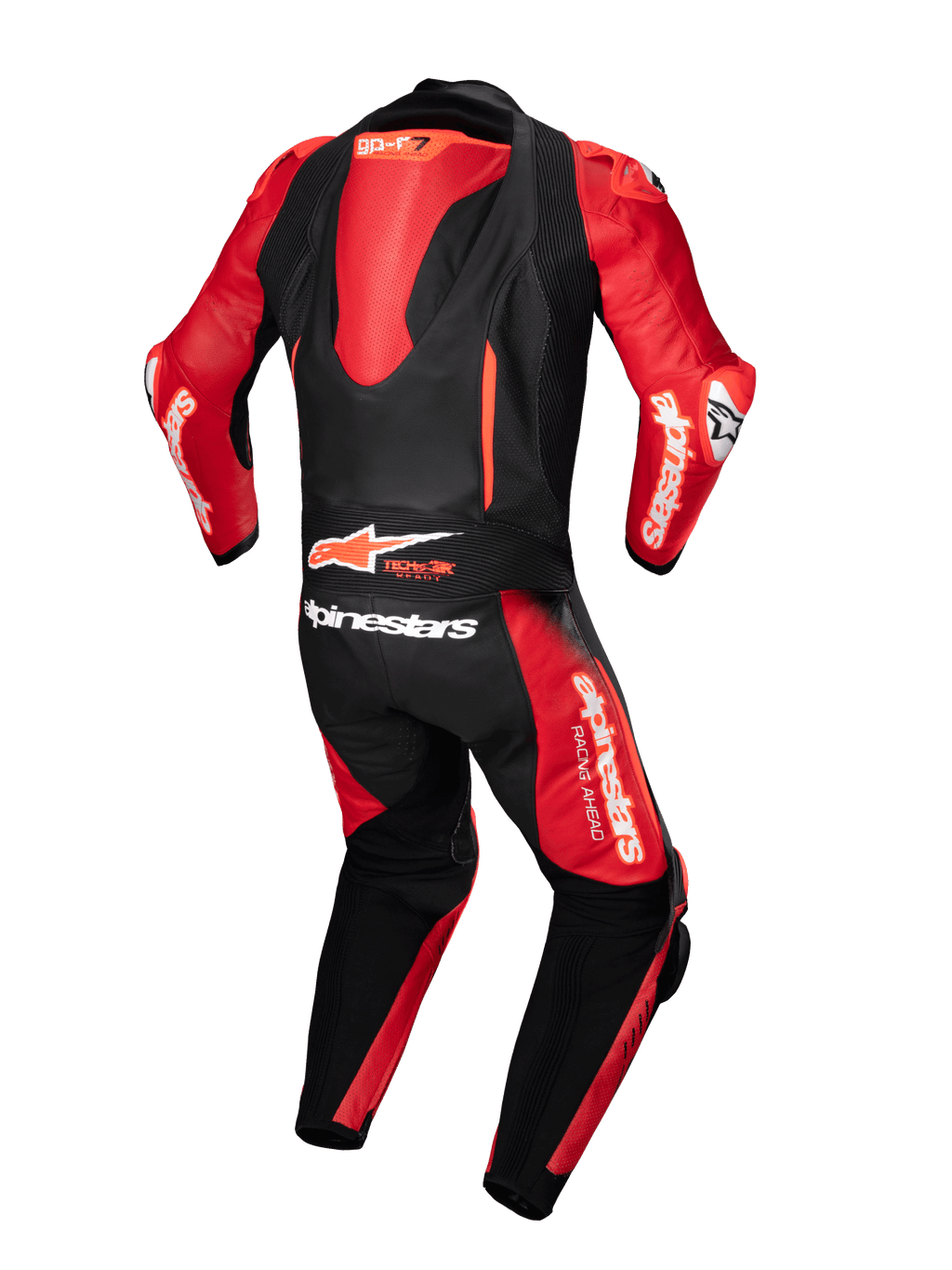 Alpinestars GP-R7 1-stk læderdragt, sort og rød motorcykelracerdragt med aerodynamisk pukkel og Tech-Air Ready-logo.