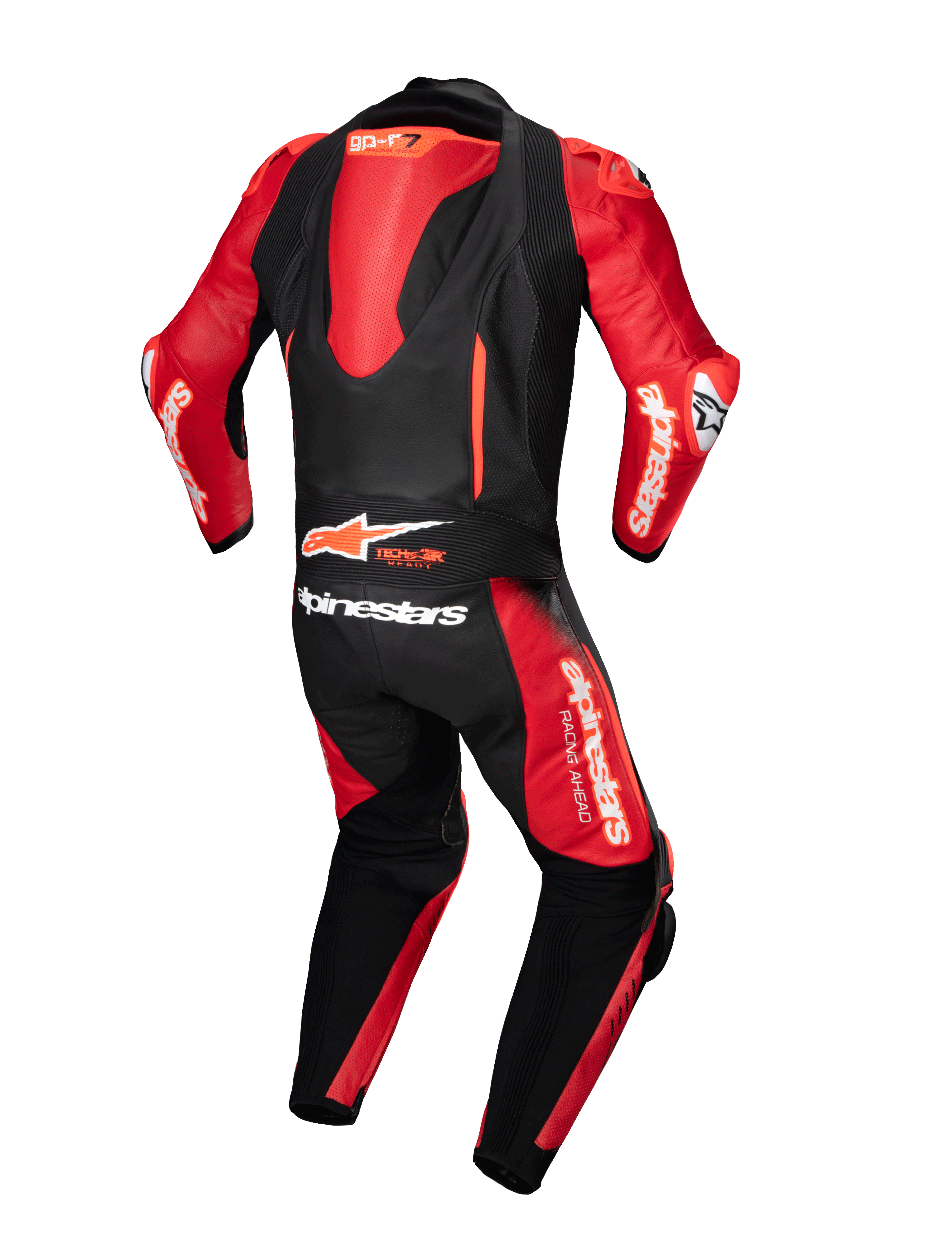 Alpinestars GP-R7 1-stk læderdragt, sort og rød motorcykelracerdragt med aerodynamisk pukkel og Tech-Air Ready-logo.