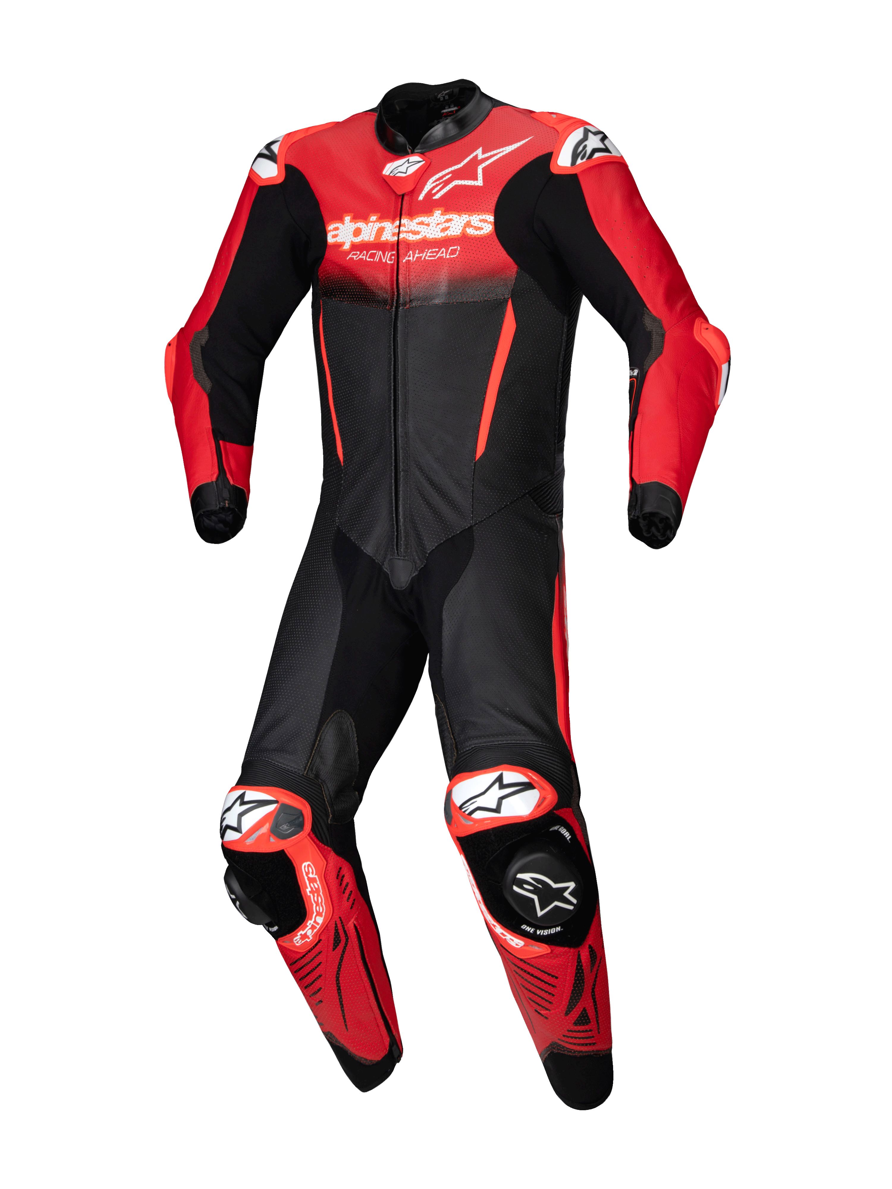 Alpinestars Læderdragt GP-R7 1-Stk i sort og rød, CE AAA-certificeret motorcykelracerdragt i bovinlæder med PLASMA-beskyttelse.