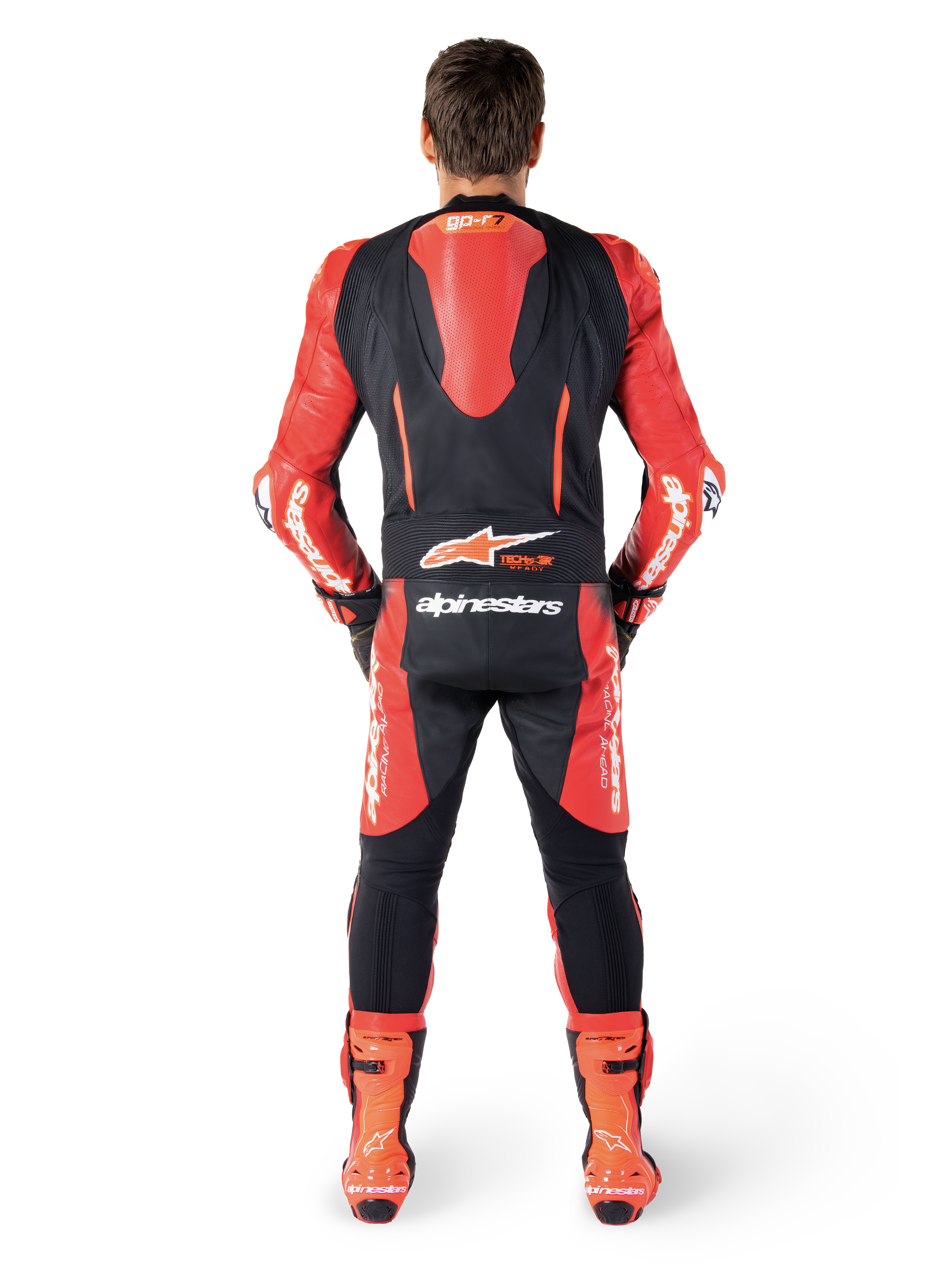 Alpinestars GP-R7 1-Stk læderdragt, motorcykeldragt til racing, sort og rød, set bagfra med aerodynamisk pukkel