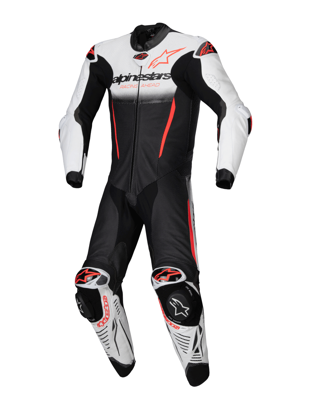 Alpinestars GP-R7 Læderdragt 1-Stk, motorcykelracingdragt i hvid, sort og rød fluo, Tech-Air Ready, premium bovinlæder.