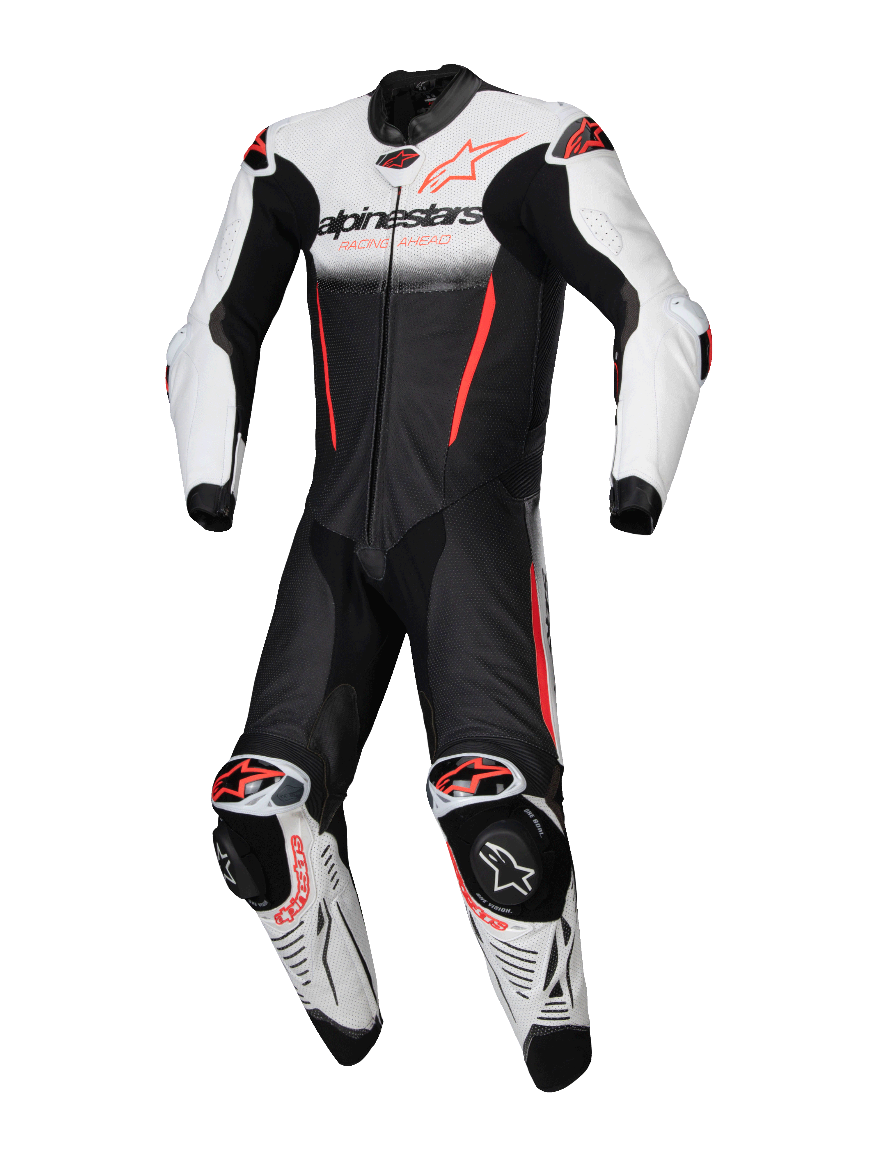 Alpinestars GP-R7 Læderdragt 1-Stk, motorcykelracingdragt i hvid, sort og rød fluo, Tech-Air Ready, premium bovinlæder.