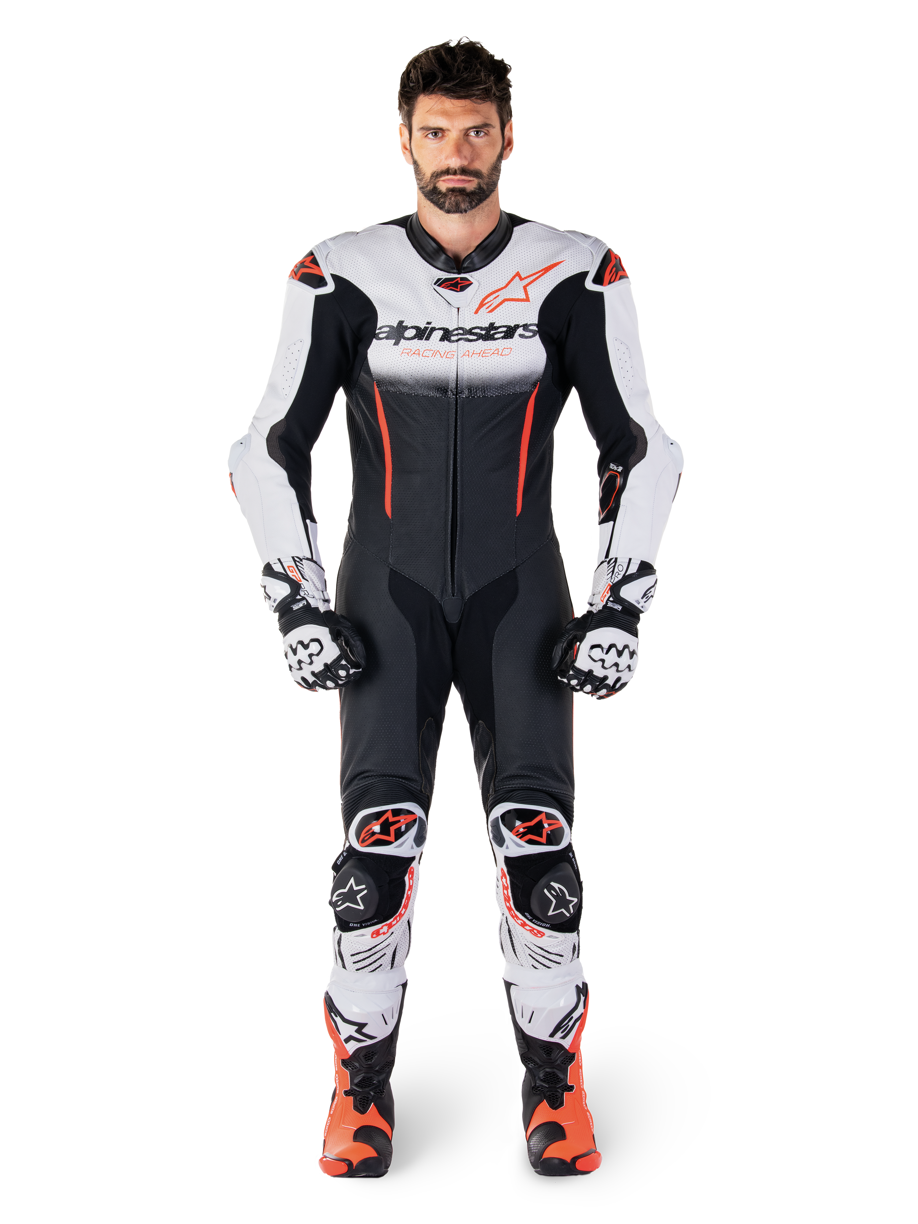 Alpinestars GP-R7 1-stk læderdragt til mænd i hvid, sort og rød fluo, premium motorcykelracerudstyr i læder.
