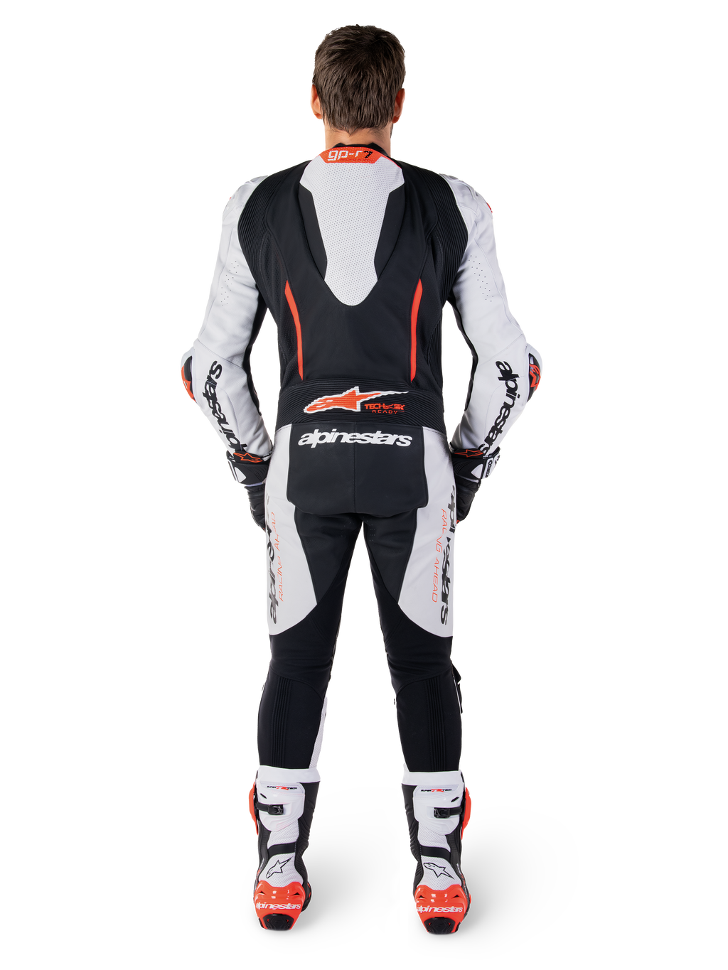 Alpinestars GP-R7 læderdragt 1-stk, motorcykelracerdragt med aerodynamisk pukkel, hvid, sort og rød, i bovinlæder set bagfra.