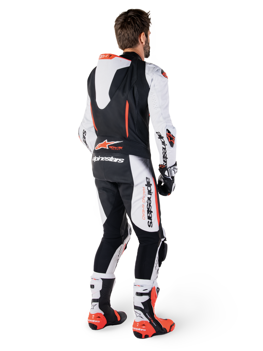Alpinestars GP-R7 1-stk læderdragt, hvid og sort herredragt med aero-pukkel, set bagfra på mand, bovinlæder til racing