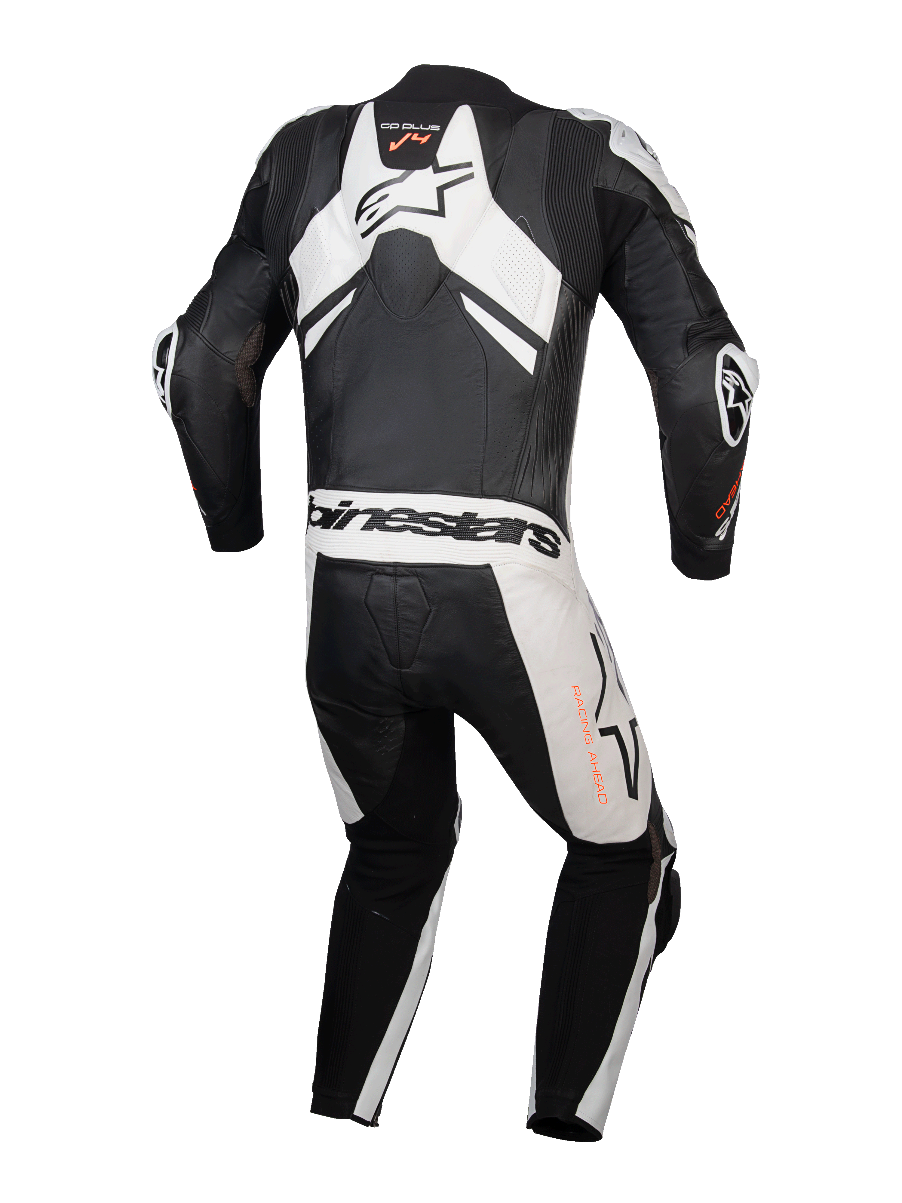 Alpinestars GP Plus V4 Sprint læderdragt, herre motorcykelracerdragt i sort og hvidt læder med aero-pukkel, set bagfra.