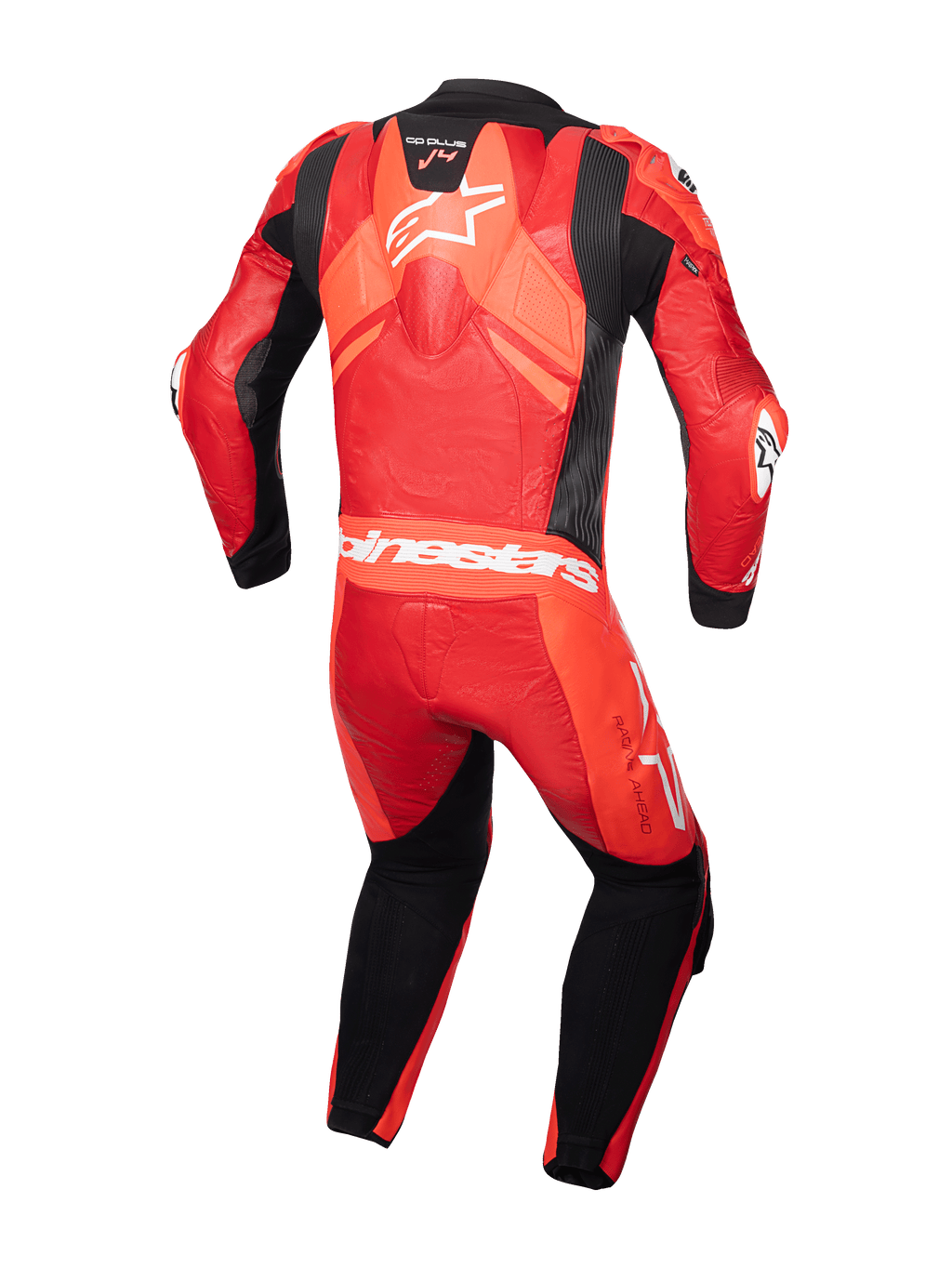 Alpinestars GP Plus V4 Sprint læderdragt, 1-stk motorcykelracerdragt til herrer, rød og sort, premium læderkonstruktion med aerodynamisk pukkel, set bagfra, Tech-Air® ready og CE-godkendt.