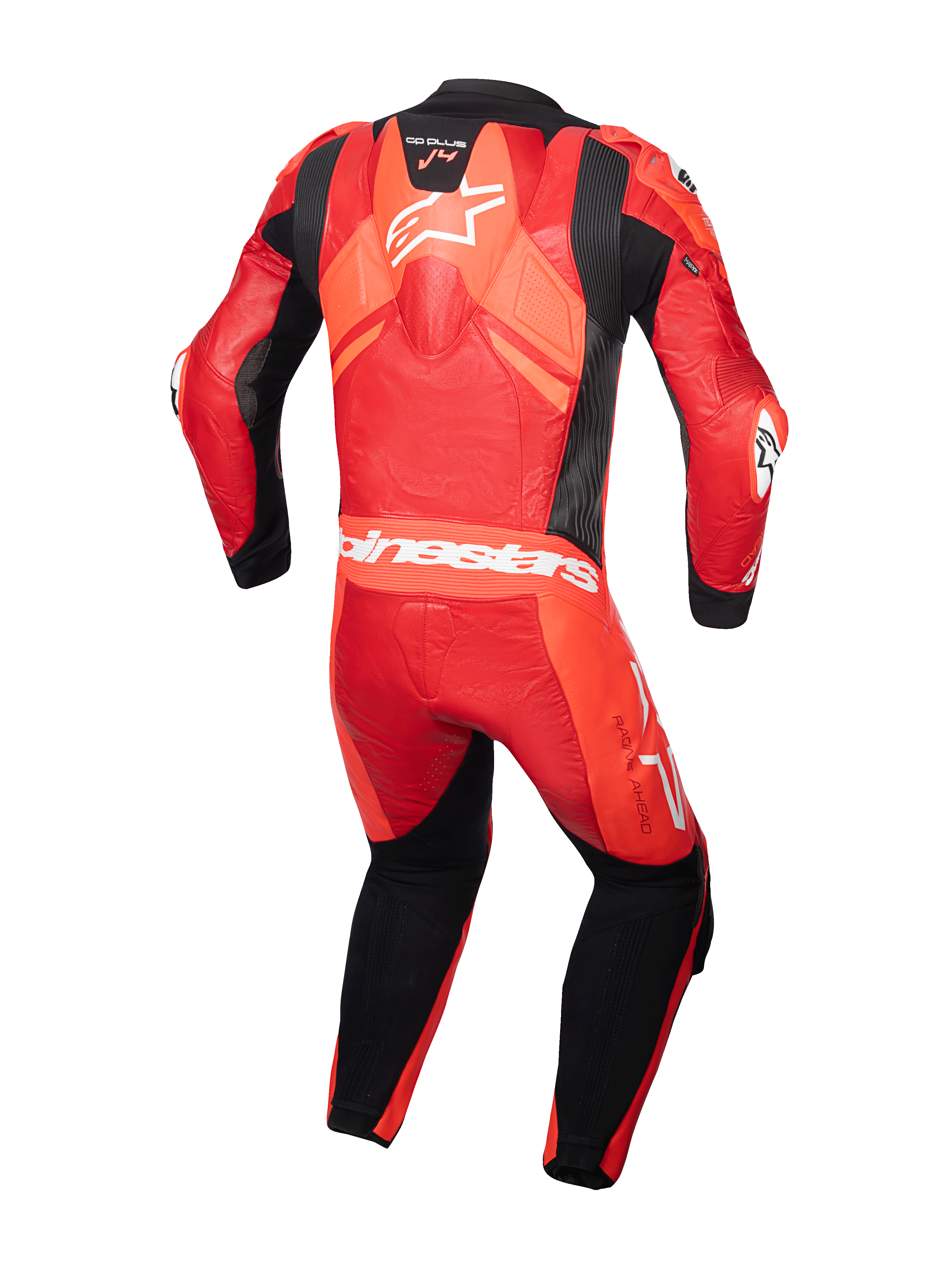 Alpinestars GP Plus V4 Sprint læderdragt, 1-stk motorcykelracerdragt til herrer, rød og sort, premium læderkonstruktion med aerodynamisk pukkel, set bagfra, Tech-Air® ready og CE-godkendt.