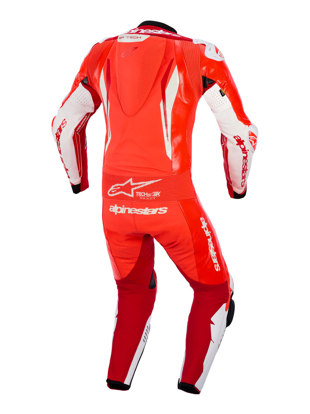 Alpinestars GP Tech V5 1-delt læderdragt, Red Fluo, lys rød og hvid, set bagfra med aerodynamisk hastighedspukkel, fleksibelt taljepanel med accordion-stræk og fremtrædende hvid Alpinestars-branding, professionelt racertøj til motorcykelbanebrug.