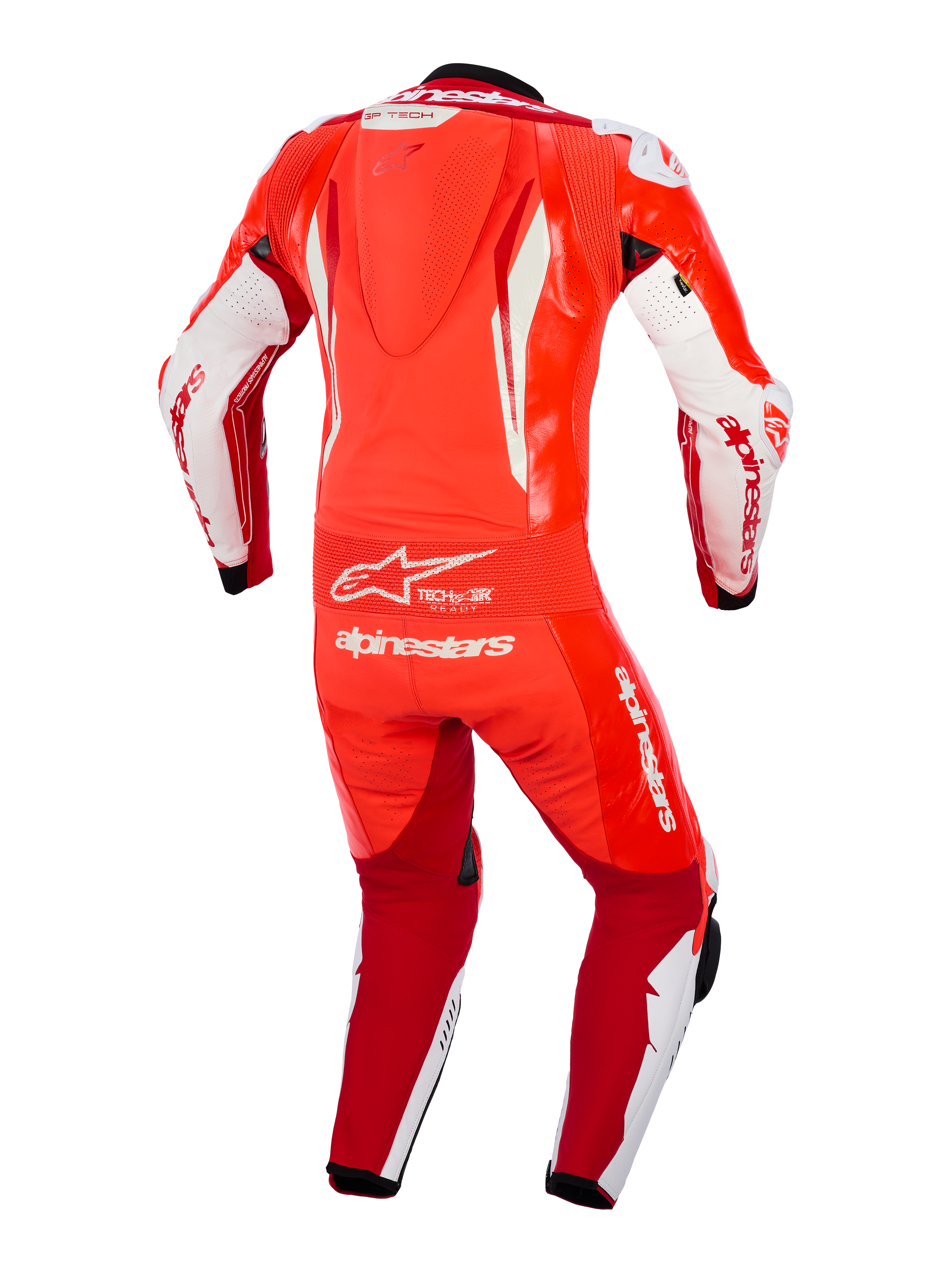 Alpinestars GP Tech V5 1-delt læderdragt, Red Fluo, lys rød og hvid, set bagfra med aerodynamisk hastighedspukkel, fleksibelt taljepanel med accordion-stræk og fremtrædende hvid Alpinestars-branding, professionelt racertøj til motorcykelbanebrug.