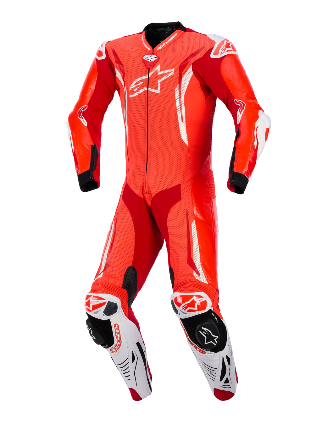 Alpinestars GP Tech V5 1PC læderdragt, Red Fluo Bright Red og hvid, set forfra, professionel motorcykelracerdragt med perforeret læder, hvide aerodynamiske detaljer og integrerede knæslidere