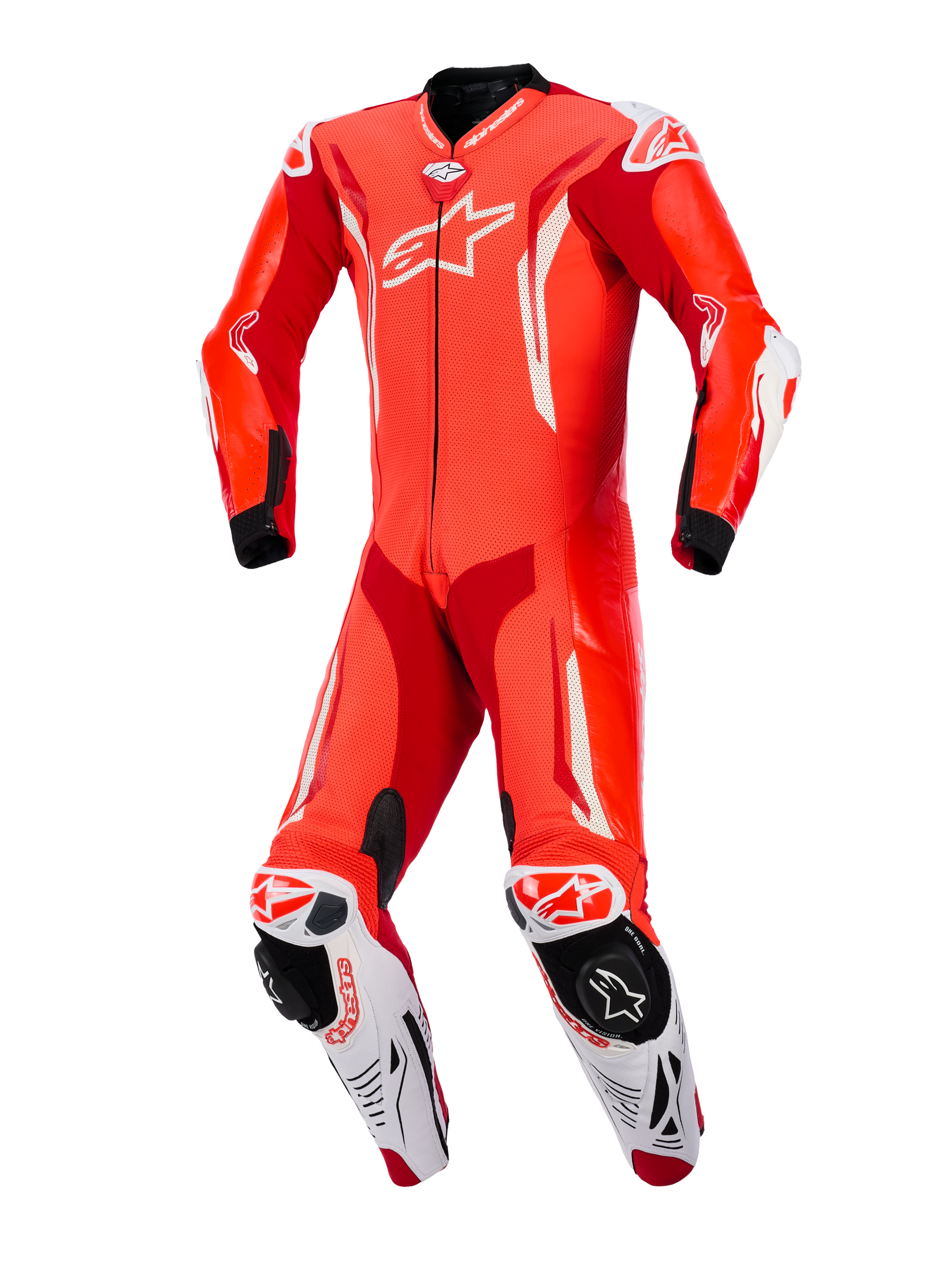 Alpinestars GP Tech V5 1PC læderdragt, Red Fluo Bright Red og hvid, set forfra, professionel motorcykelracerdragt med perforeret læder, hvide aerodynamiske detaljer og integrerede knæslidere