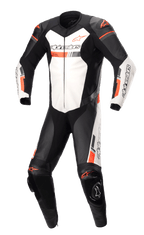 Alpinestars GP Force Chaser One Piece Leather Suit, Professional Motorcycle Racing Suit, Black and White with Fluorescent Red Accents, Perforated Leather Panels, External Shoulder and Knee Protectors, Bovine Leather Construction