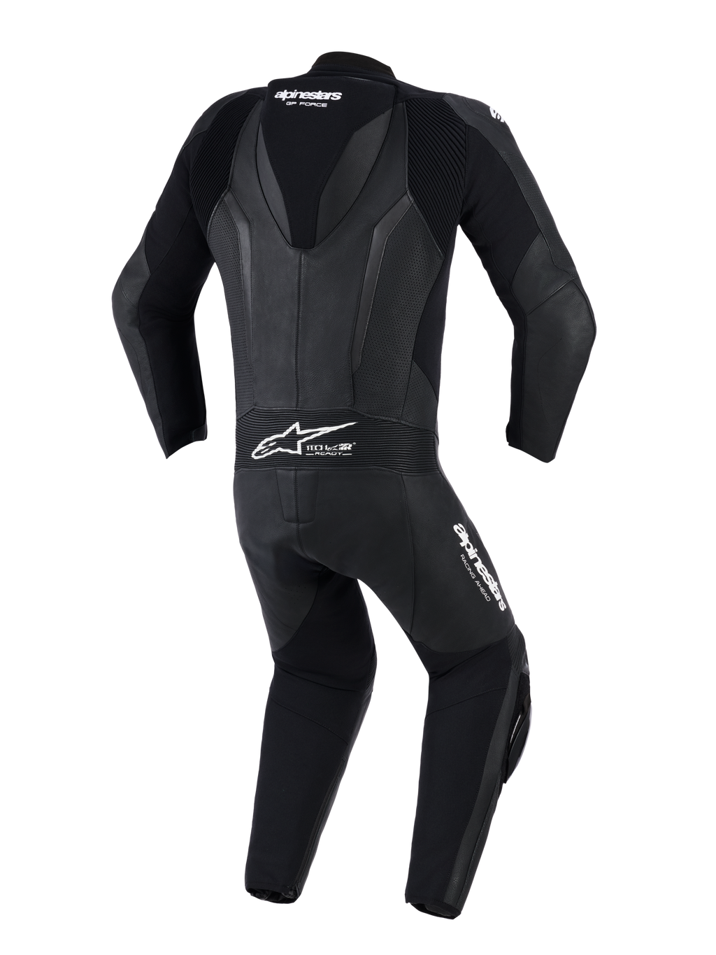 Alpinestars GP Force V2 læderdragt - 1-piece, sort, set bagfra med aerodynamisk speed hump, perforerede læderpaneler og harmonika-strækzoner på skuldre og den nedre ryg, Tech-Air Ready-logo, professionelt køreudstyr til bane og sport