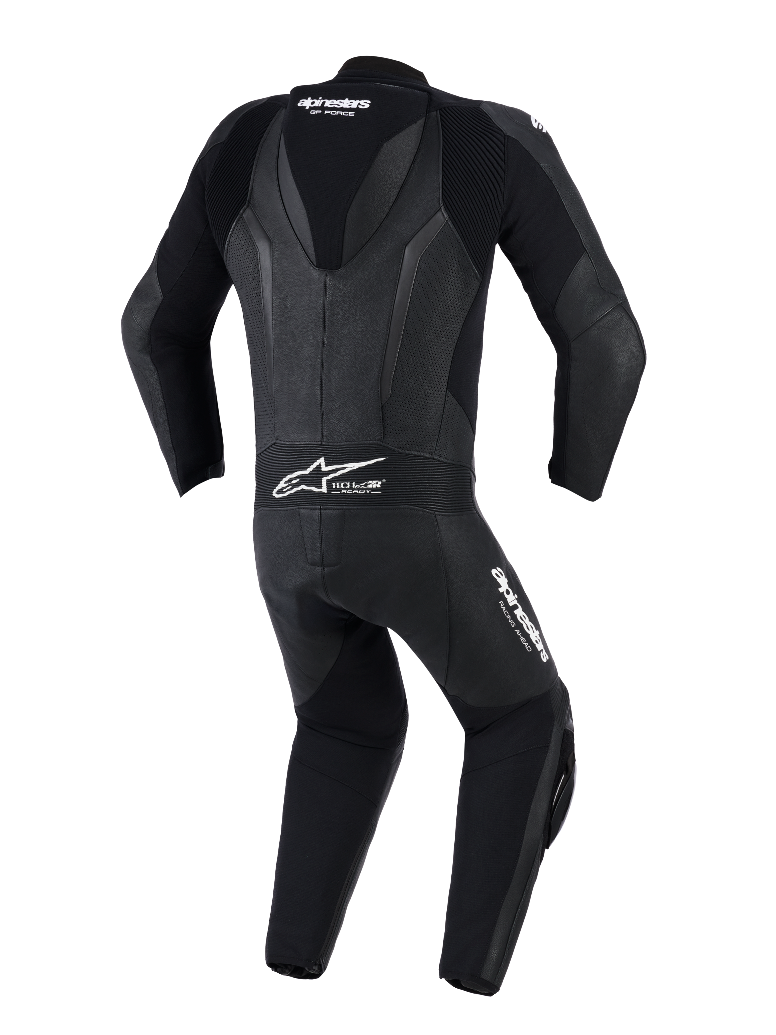 Alpinestars GP Force V2 læderdragt - 1-piece, sort, set bagfra med aerodynamisk speed hump, perforerede læderpaneler og harmonika-strækzoner på skuldre og den nedre ryg, Tech-Air Ready-logo, professionelt køreudstyr til bane og sport
