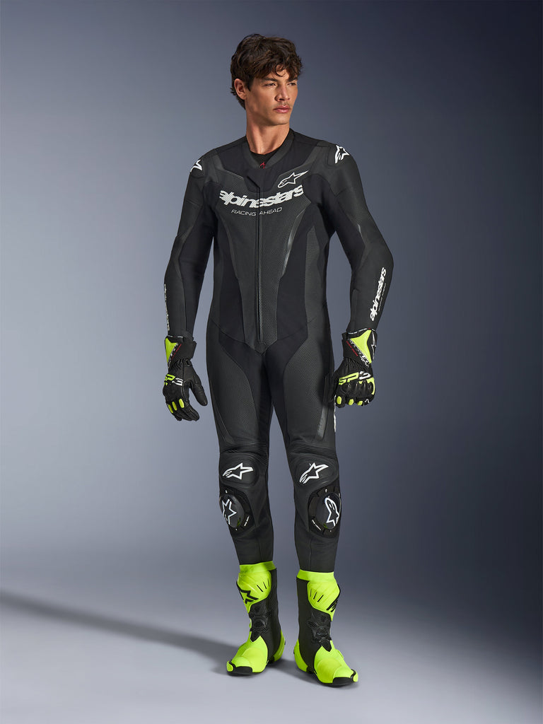 GP Force V2 Leather Suit, One-Piece Motorcycle Racing Suit, Black with Neon Yellow Boots and Gloves, White Logos, Knee and Elbow Protection, Sleek Fitted Design