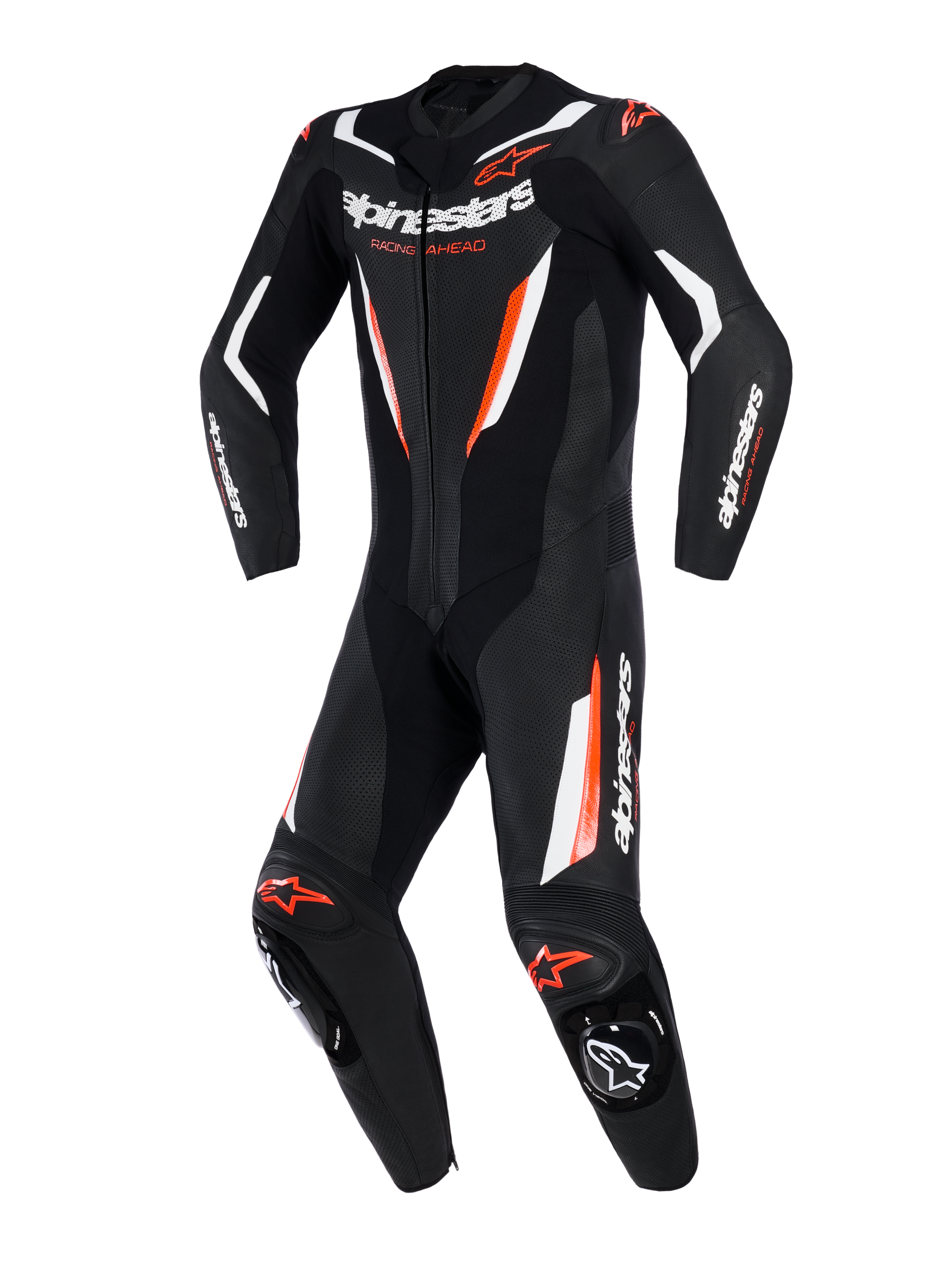 Alpinestars GP Force V2 læderdragt, 1-delt motorcykel-racerdragt, sort, hvid og rød fluo, med perforerede læderpaneler, hvide og fluorescerende røde detaljer, Alpinestars-branding på bryst og ærmer, professionelt baneklart design.
