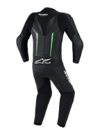 Alpinestars GP Force V2 Leather Suit - 1Piece, Back view, Black with fluorescent green accents, featuring an aerodynamic speed hump, perforated leather panels, accordion stretch zones, and Tech-Air Ready branding, professional motorcycle racing gear