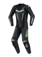 Alpinestars GP Force V2 Leather Suit - 1Piece, One-piece motorcycle racing suit, Black with neon green accents and white branding, featuring perforated leather panels, DFS Lite external sliders at shoulders and knees, and a dedicated sport-fit design.