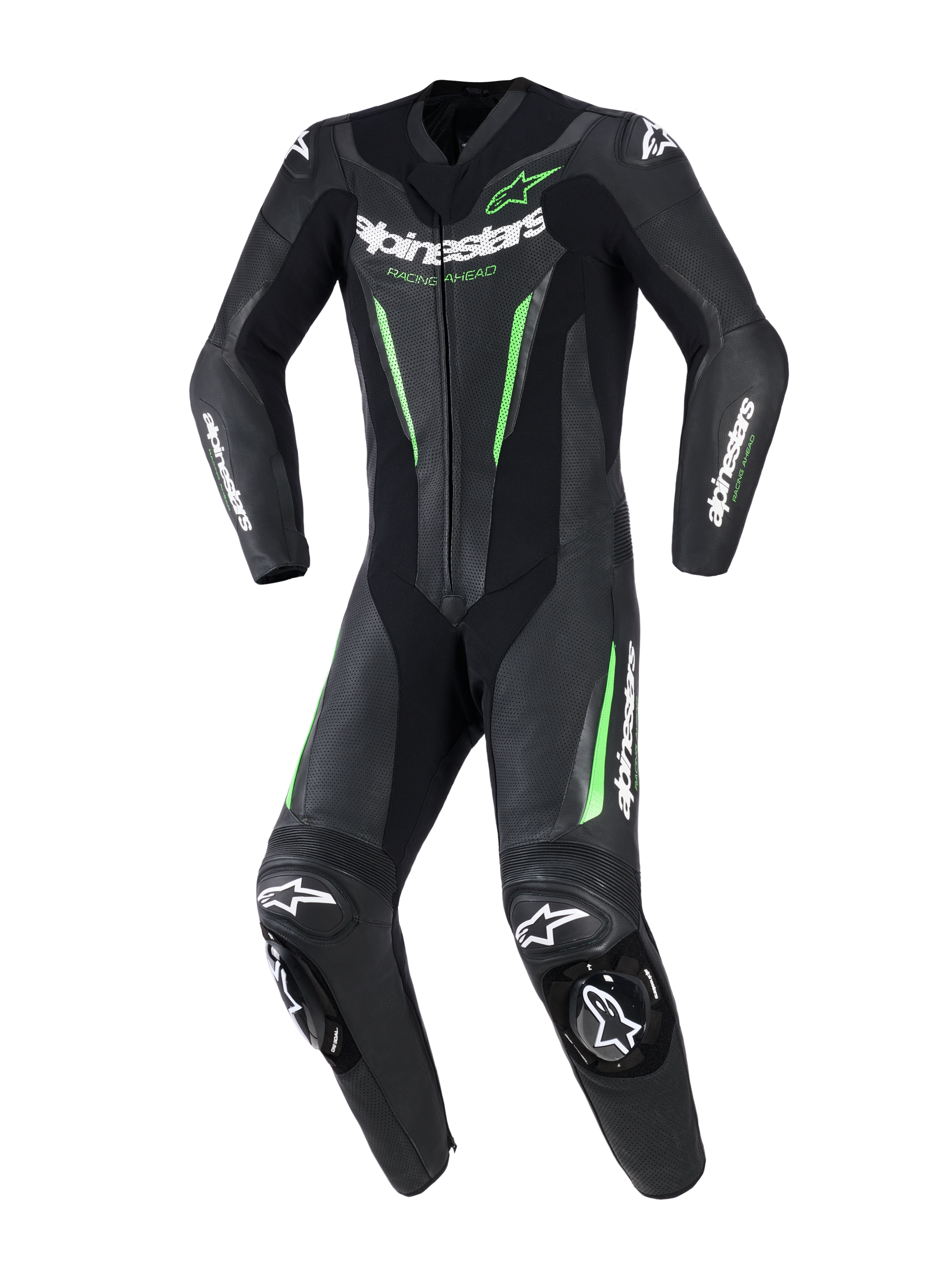 Alpinestars GP Force V2 Leather Suit - 1Piece, One-piece motorcycle racing suit, Black with neon green accents and white branding, featuring perforated leather panels, DFS Lite external sliders at shoulders and knees, and a dedicated sport-fit design.