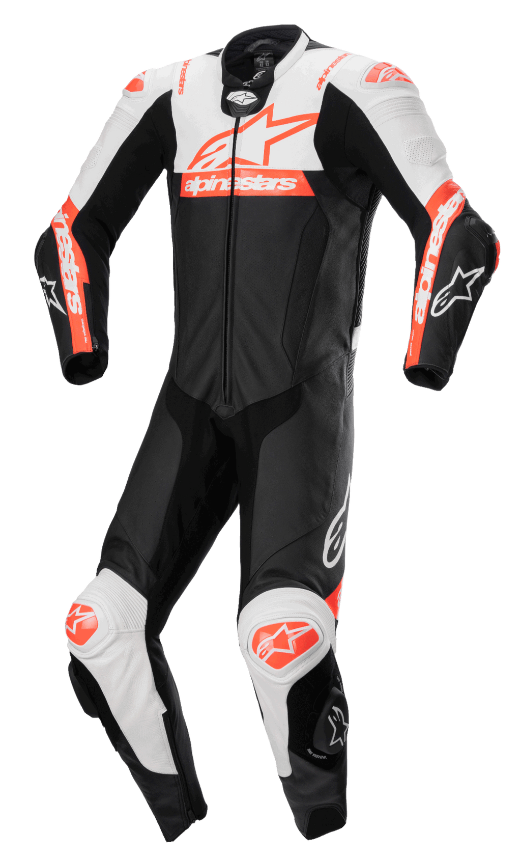 Alpinestars Missile V2 Ward 1-Piece Leather Suit, Motorcycle Racing Suit, Black with White and Red Fluo accents, aerodynamic design with front zipper and knee sliders, premium leather construction