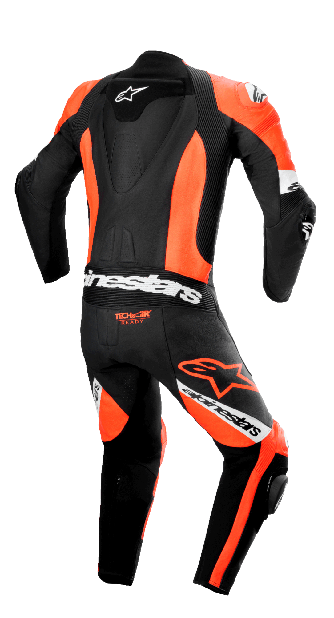 Alpinestars Missile V2 Ward 1-Piece læderdragt, set bagfra, sort og fluorød med hvide detaljer, strømlinet pukkel, accordion-strækpaneler på lænden og knæene, 'Tech-Air Ready'-logo, tydelig Alpinestars-branding, udstyr til professionel banekørsel.