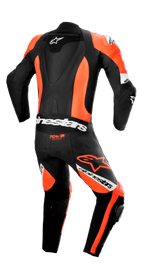 Alpinestars Missile V2 Ward 1-Piece læderdragt, set bagfra, sort og fluorød med hvide detaljer, strømlinet pukkel, accordion-strækpaneler på lænden og knæene, 'Tech-Air Ready'-logo, tydelig Alpinestars-branding, udstyr til professionel banekørsel.