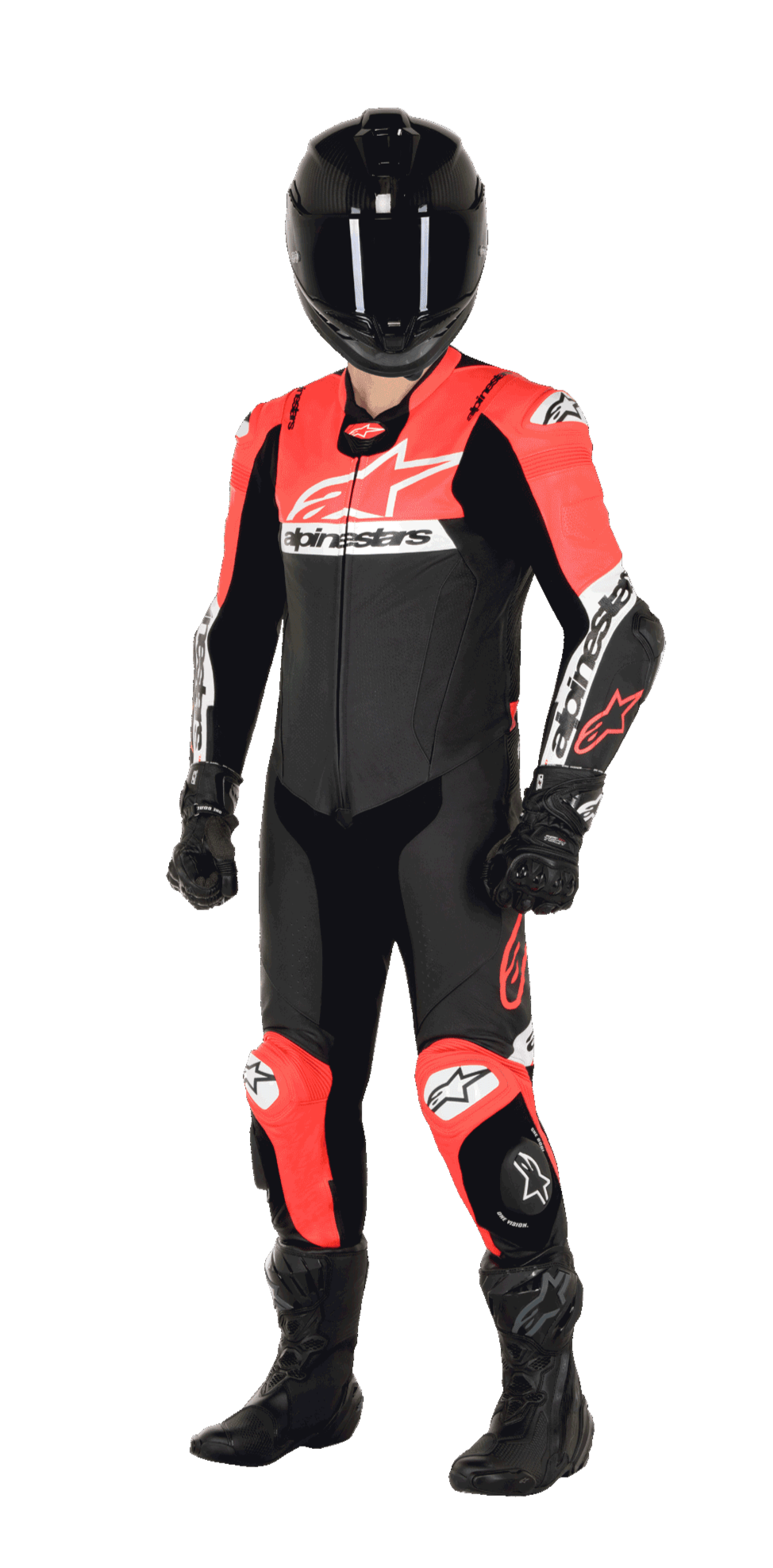 Motorcykelrytter iført Alpinestars Missile V2 Ward 1-delt læderdragt, farvevariant i sort, rød fluo og hvid, komplet med sort hjelm, sorte racerhandsker og sorte støvler, designet til højtydende banekørsel