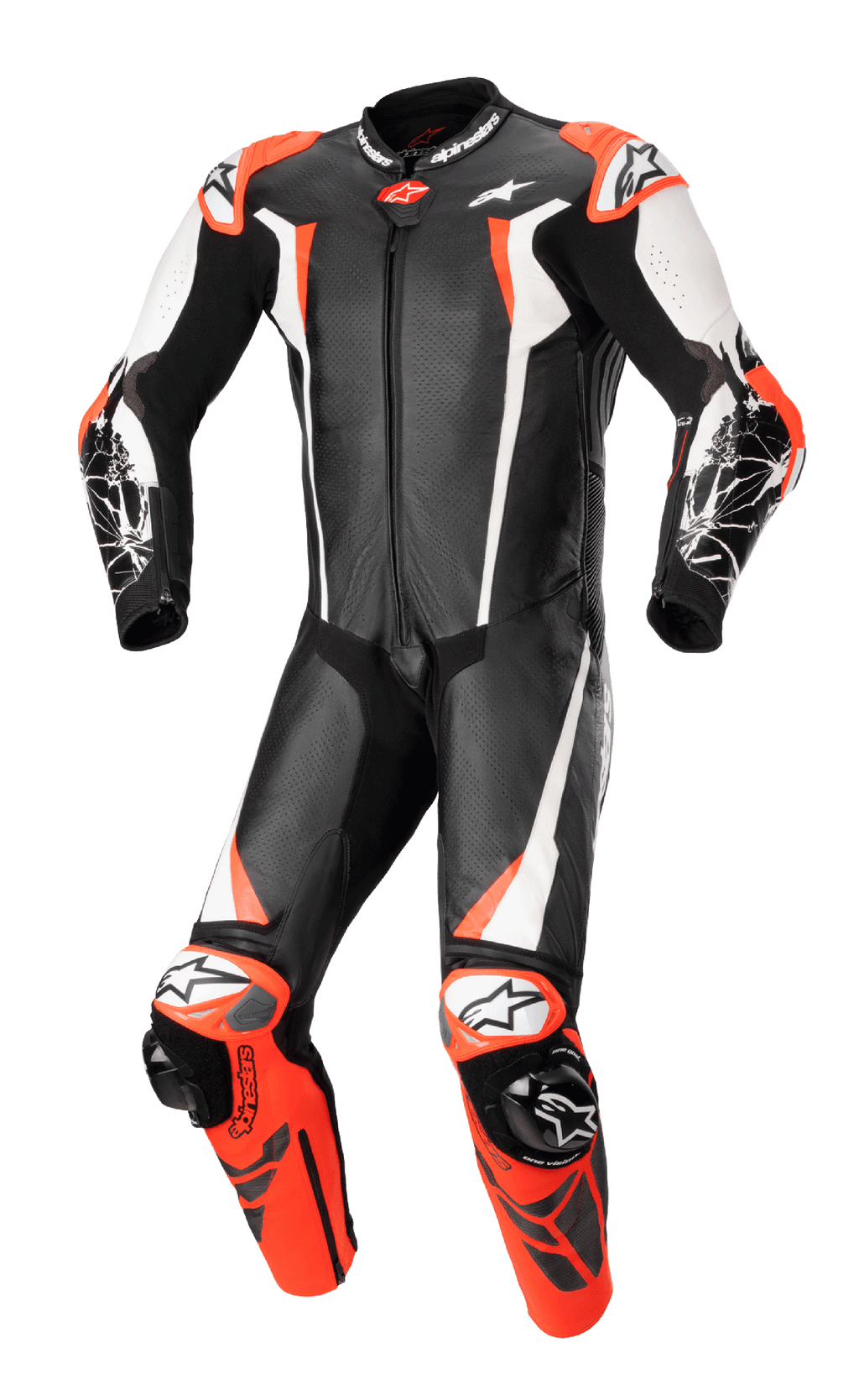 Alpinestars Racing Absolute V2 One Piece Leather Suit, Motorcycle Racing Suit, Black White and Red Fluo, aerodynamic design with perforated leather, external sliders on shoulders and knees, professional track-ready construction