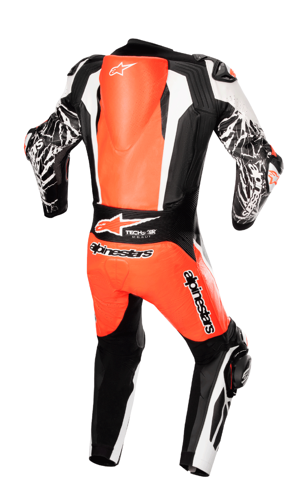 Alpinestars Racing Absolute V2 læderdragt i ét stykke, set bagfra, fluorescerende rød, hvid og sort, aerodynamisk rygpukkel, Tech-Air Ready-branding, marmor-effekt grafik på ærmerne, professionelt motorcykelracerudstyr