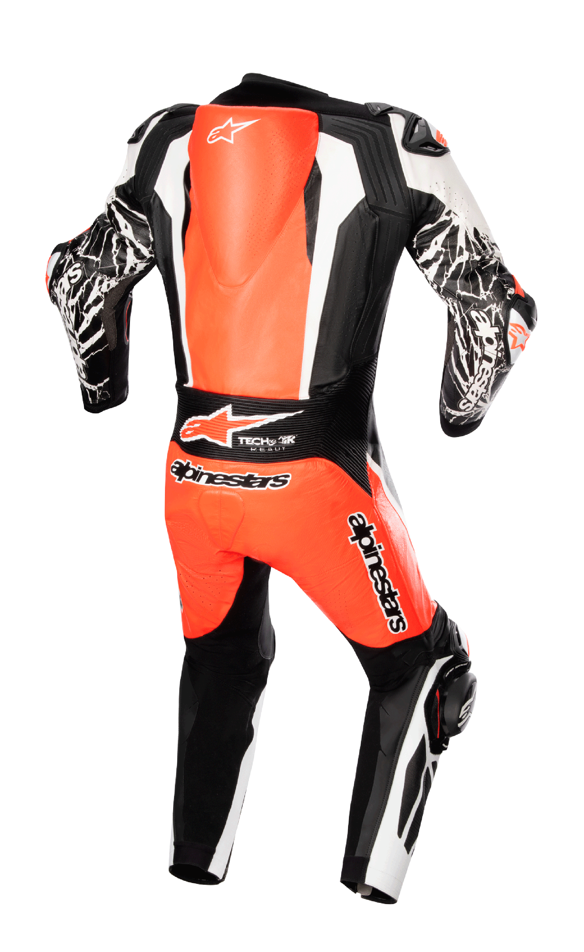 Alpinestars Racing Absolute V2 læderdragt i ét stykke, set bagfra, fluorescerende rød, hvid og sort, aerodynamisk rygpukkel, Tech-Air Ready-branding, marmor-effekt grafik på ærmerne, professionelt motorcykelracerudstyr
