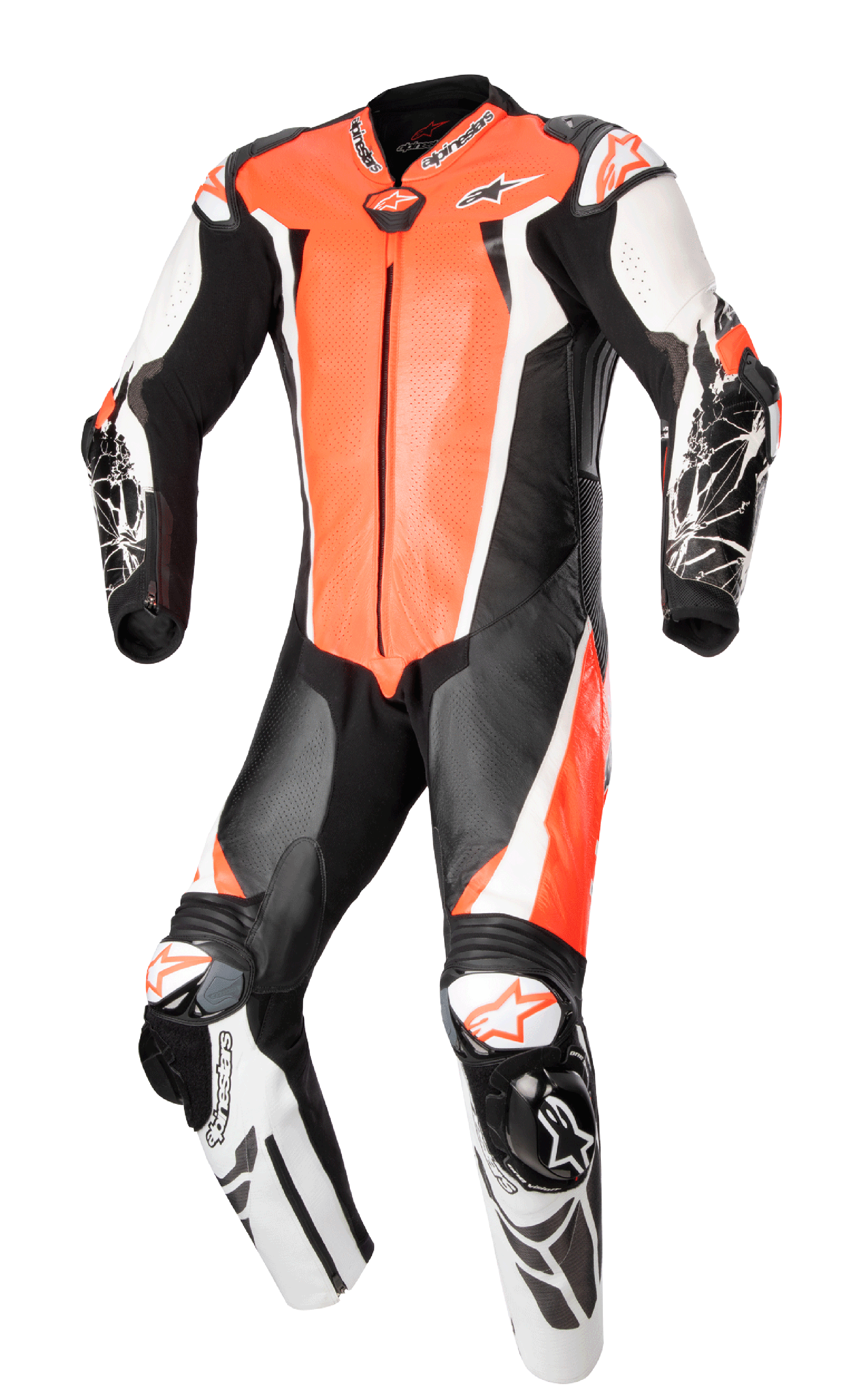 Alpinestars Racing Absolute V2 læderdragt i ét stykke, motorcykelracerdragt, rød fluo, hvid og sort, perforerede brystpaneler, eksterne DFS-skydere på skuldre og knæ, grafiske printdetaljer på underarmene, professionelt banegrej