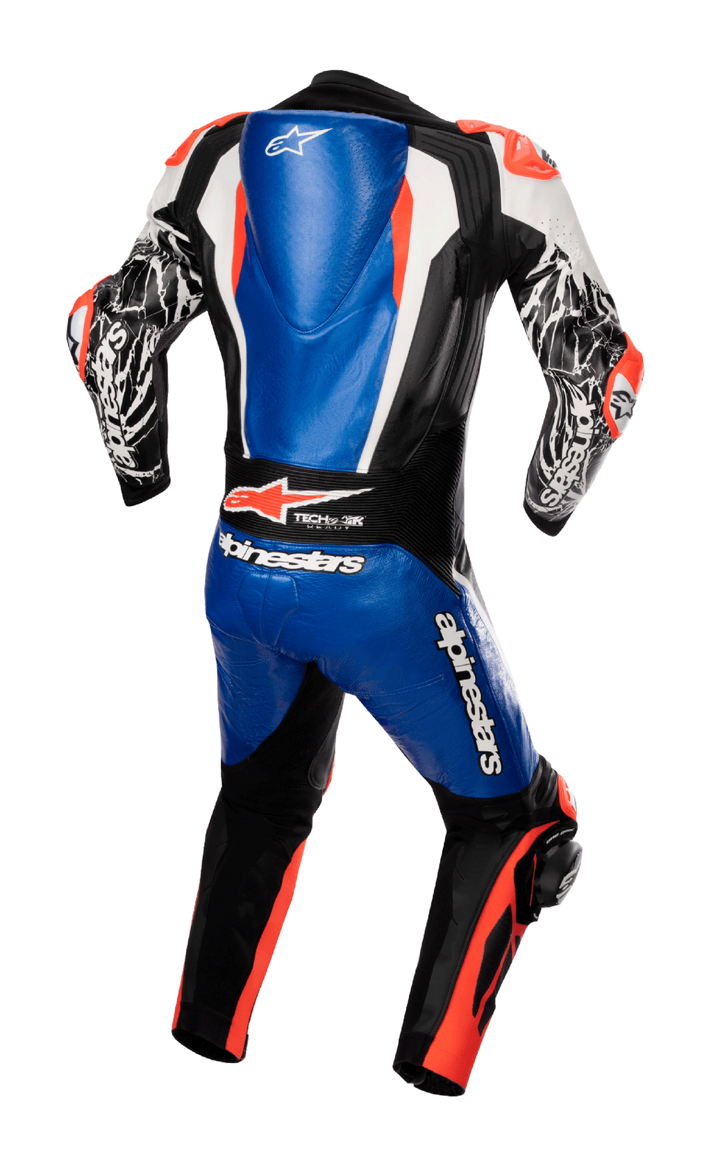 Alpinestars Racing Absolute V2 læderdragt i ét stykke, set bagfra, metallisk blå, sort, hvid og rød fluo, med en aerodynamisk rygbule, tydelige Alpinestars-logoer og komposit-strækpaneler, professionelt racerudstyr til banebrug