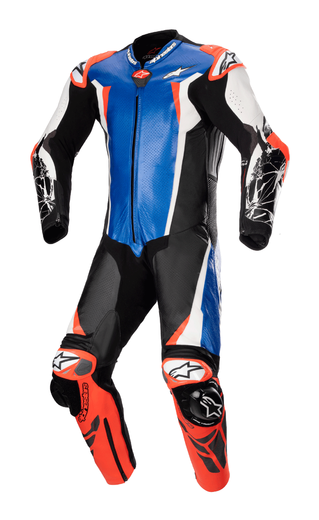 Alpinestars Racing Absolute V2 læderdragt i ét stykke, metalblå, sort, hvid og rød fluo, professionel motorcykelracerdragt, kængurulæder, eksterne GP DFS-glidere på skuldre og knæ, perforerede paneler til banekørsel.